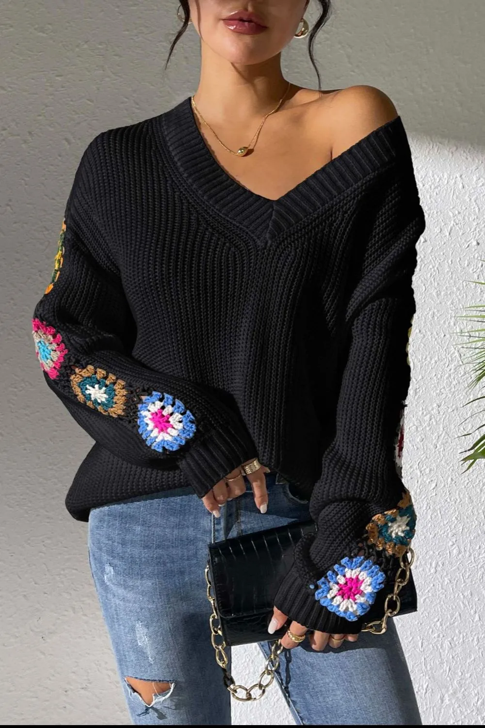 Crochet Flower V-Neck Sweater, image 13