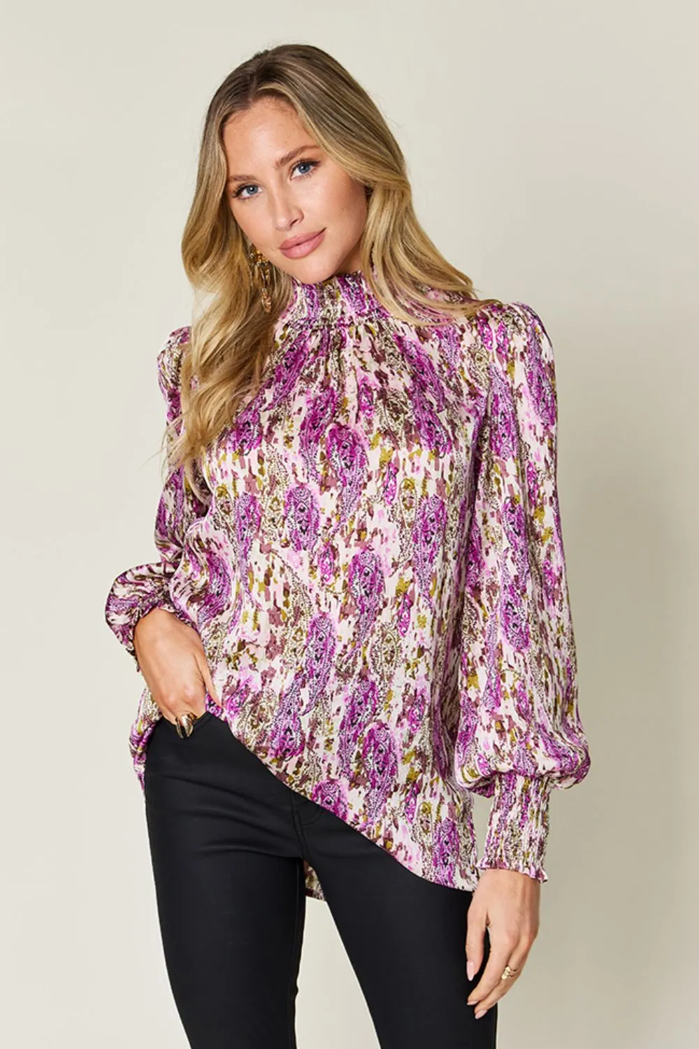 Full Size Printed Smocked Long Sleeve Blouse, image 23