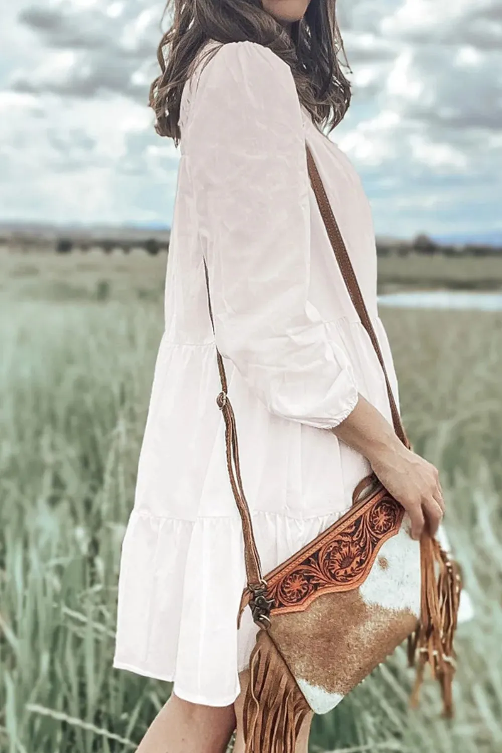Tiered Round Neck Three-Quarter Sleeve Dress, image 3