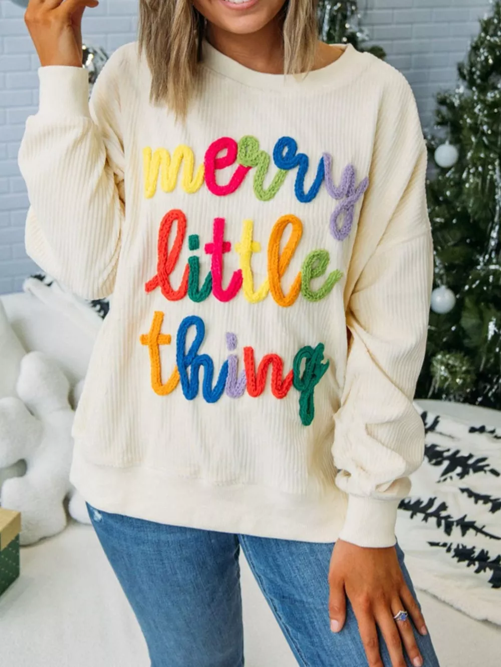 Merry Little Thing Corded Letter Graphic Ribbed Sweatshirt, image 7