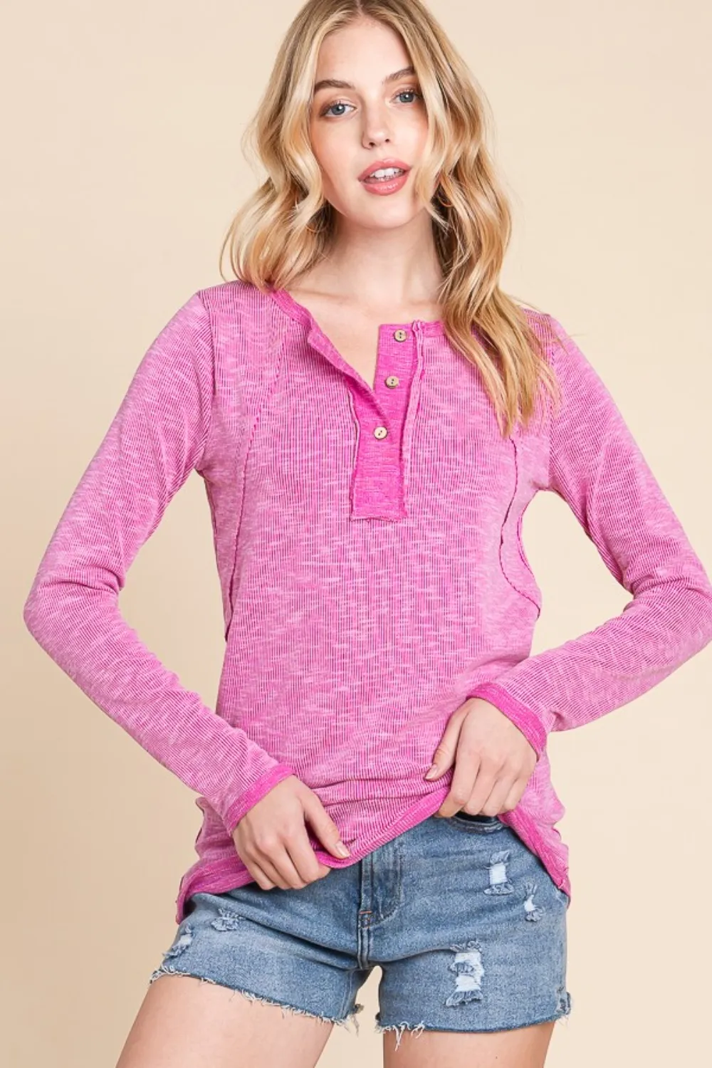 Contrast Trim Half Button Long Sleeve T-Shirt, image 5