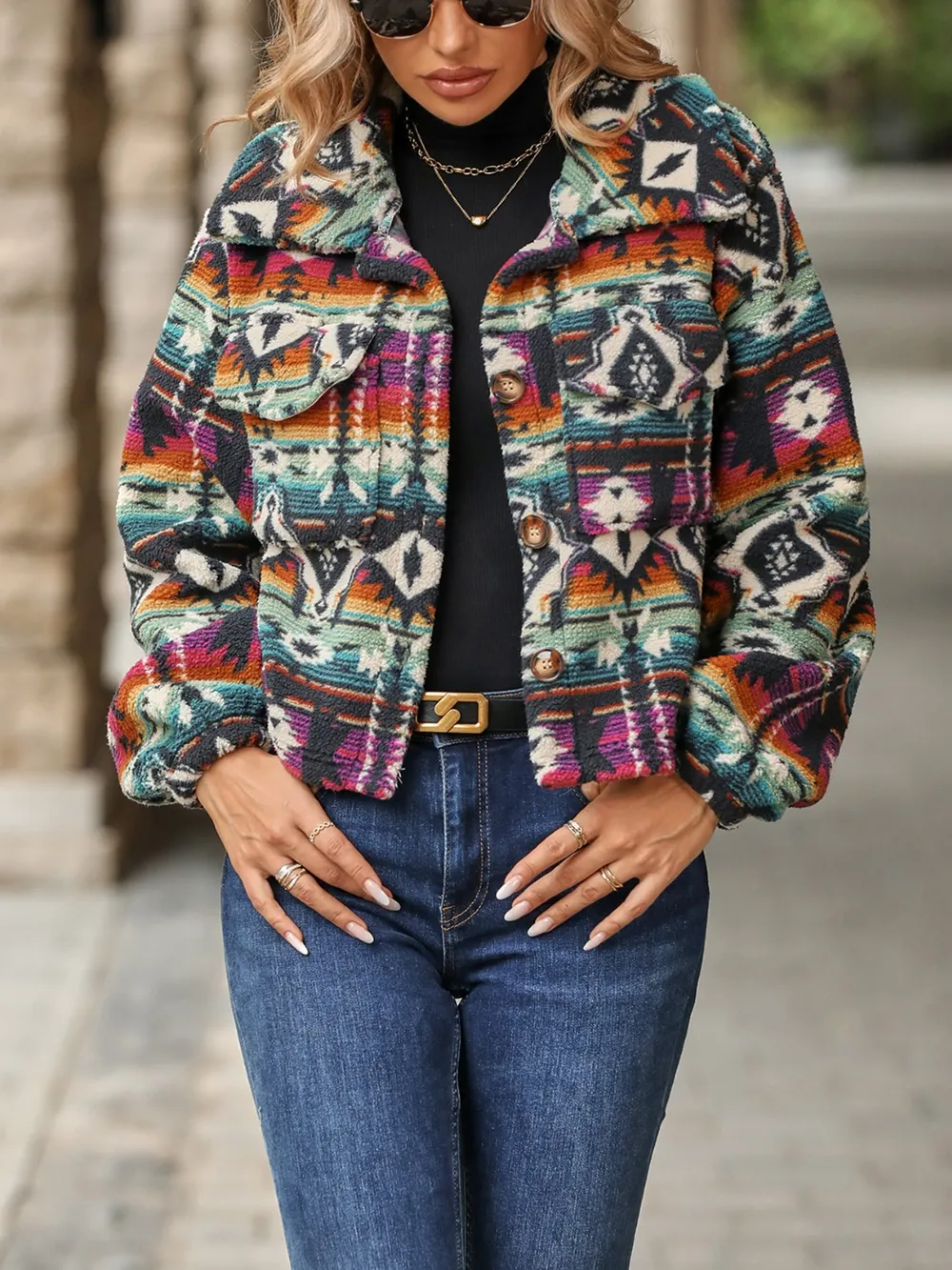 Geometric Dropped Shoulder Balloon Sleeve Outerwear, image 2