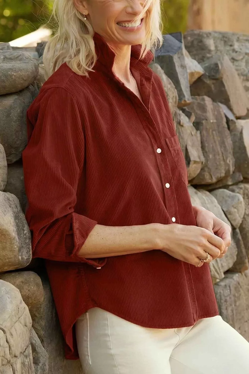 Adjustable Cuff Long Sleeve Corduroy Shirt, image 3