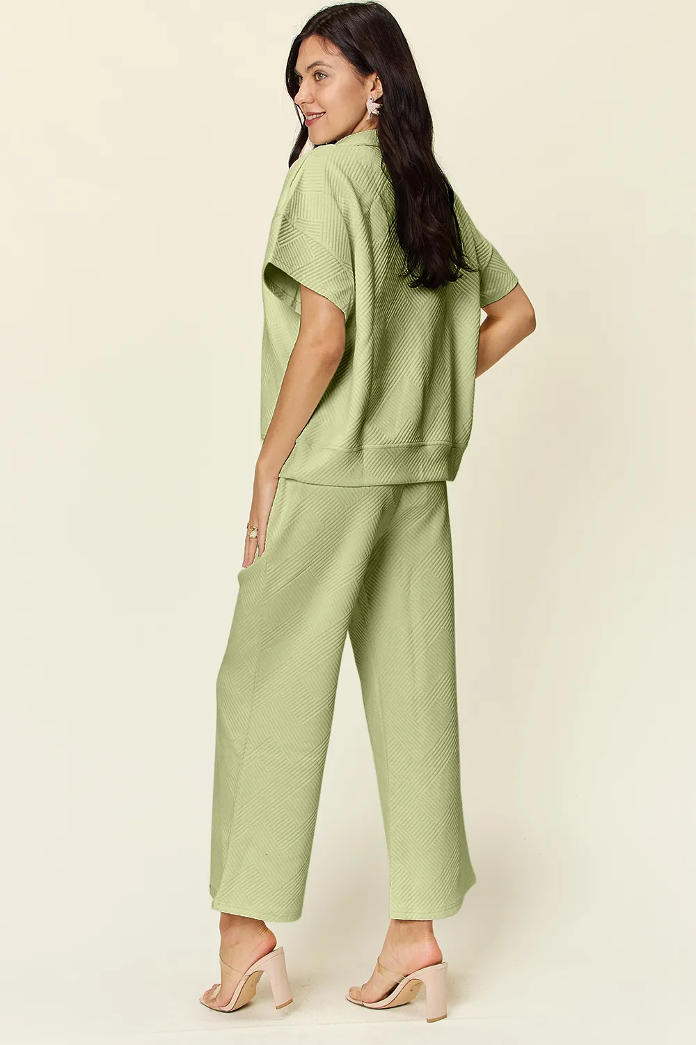 Full Size Texture Half Zip Short Sleeve Top and Pants Set, image 8