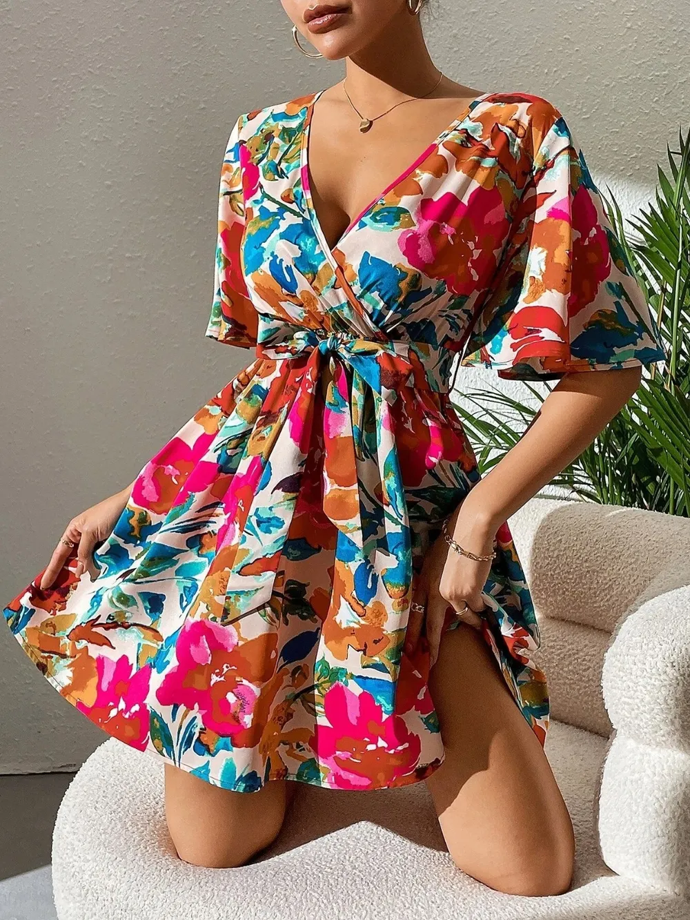 Printed Surplice Short Sleeve Mini Dress, image 3