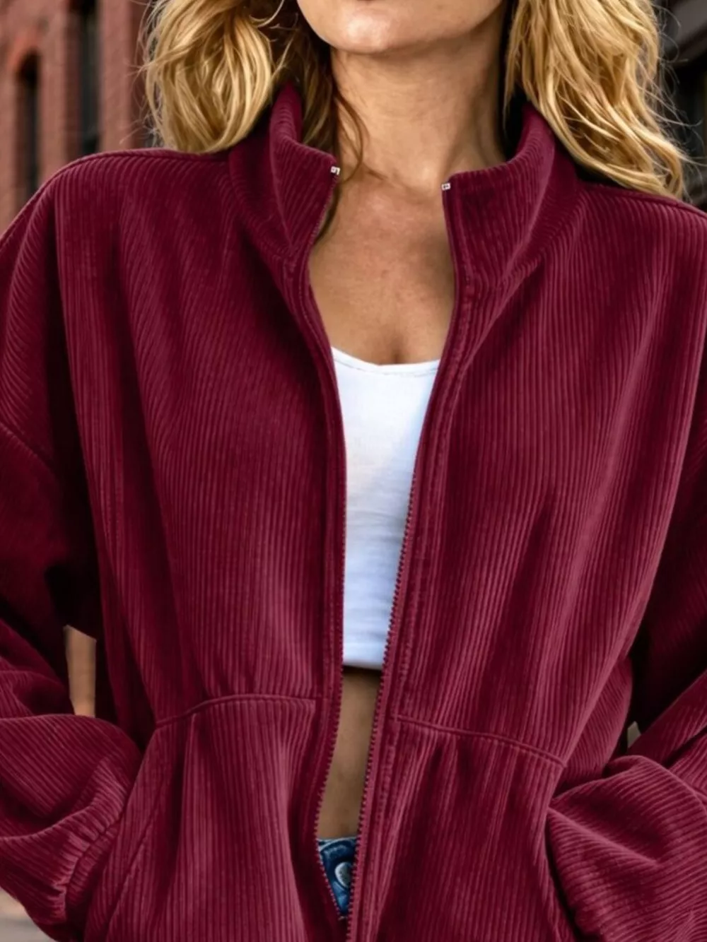 Casual Corduroy Zip-Up Stand Collar Sweatshirt, image 11