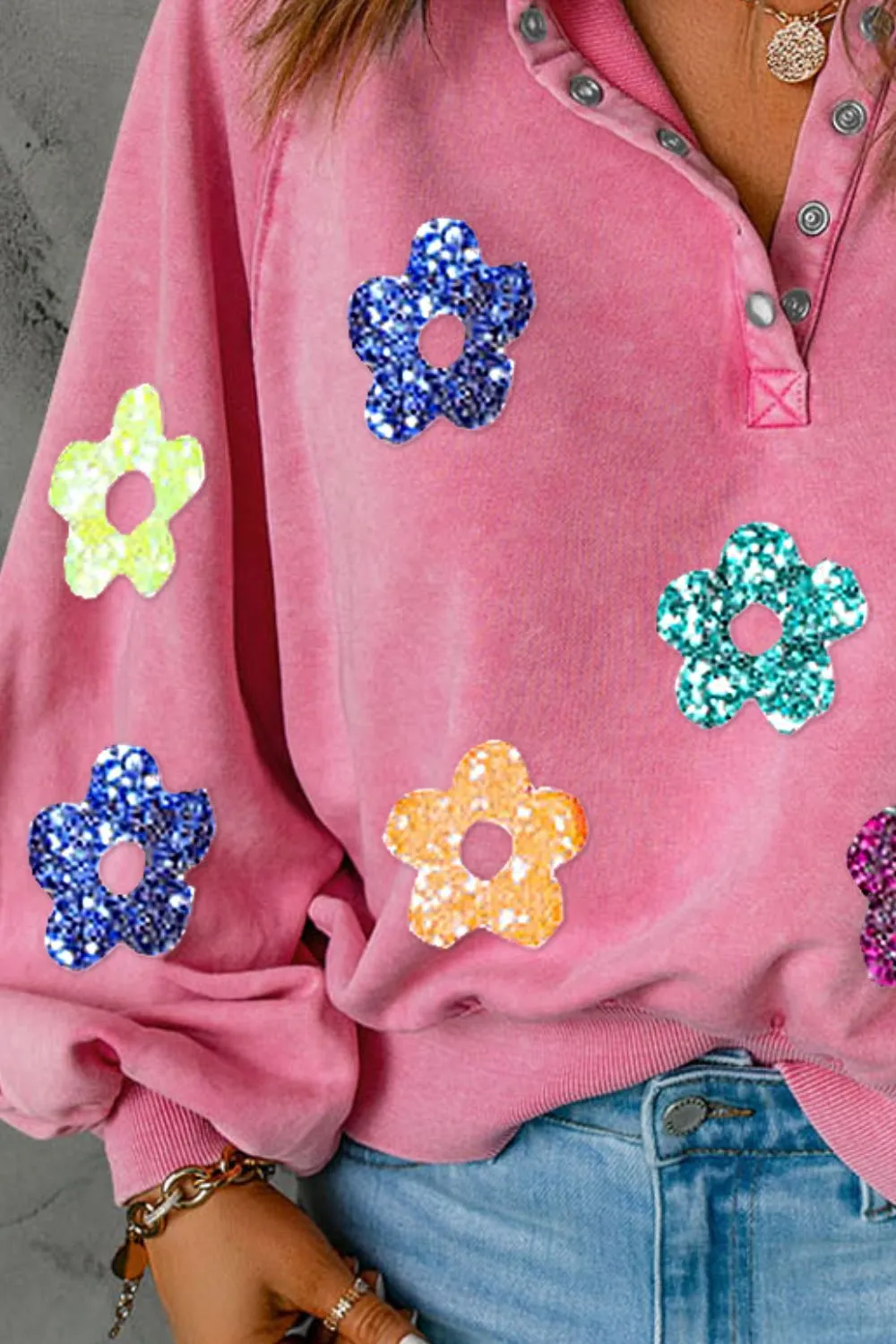 Sequin Flower Half Snap Lantern Sleeve Sweatshirt, image 3