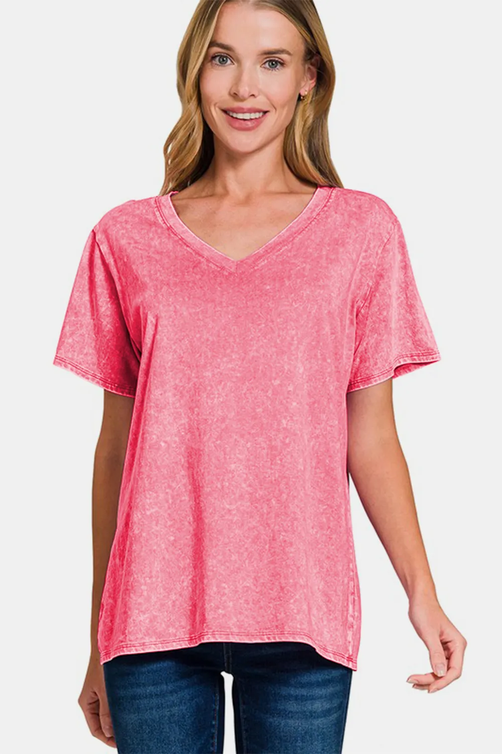 Full Size Washed Short Sleeve V-Neck T-Shirt, image 3