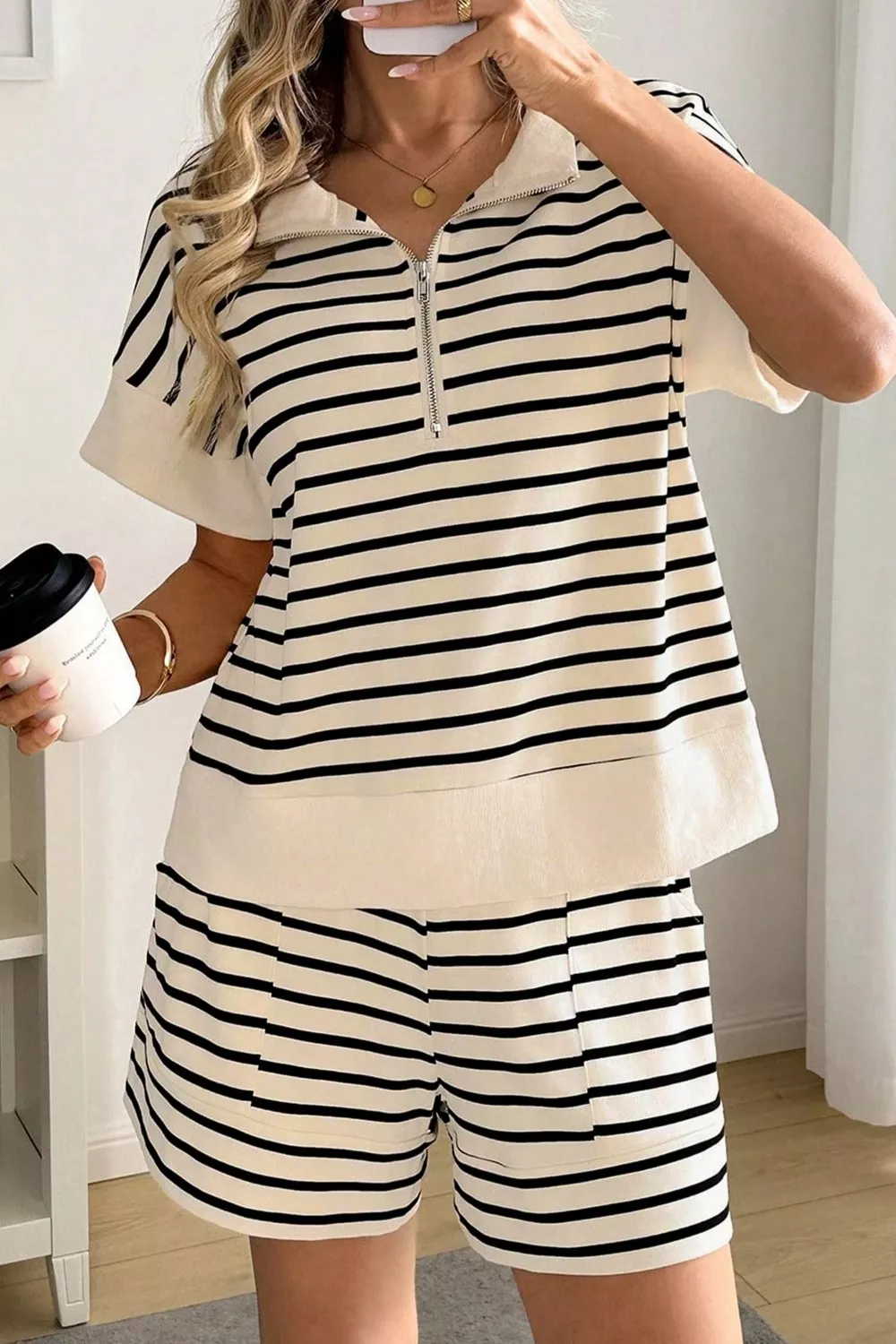 Striped Half Zip Top & Shorts Set, image 2