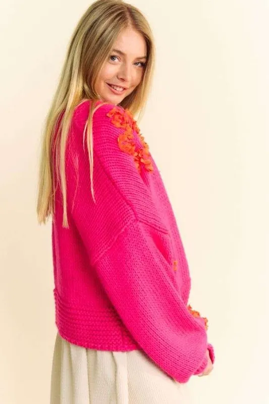 Floral Applique Open Front Drop Shoulder Cardigan, image 3