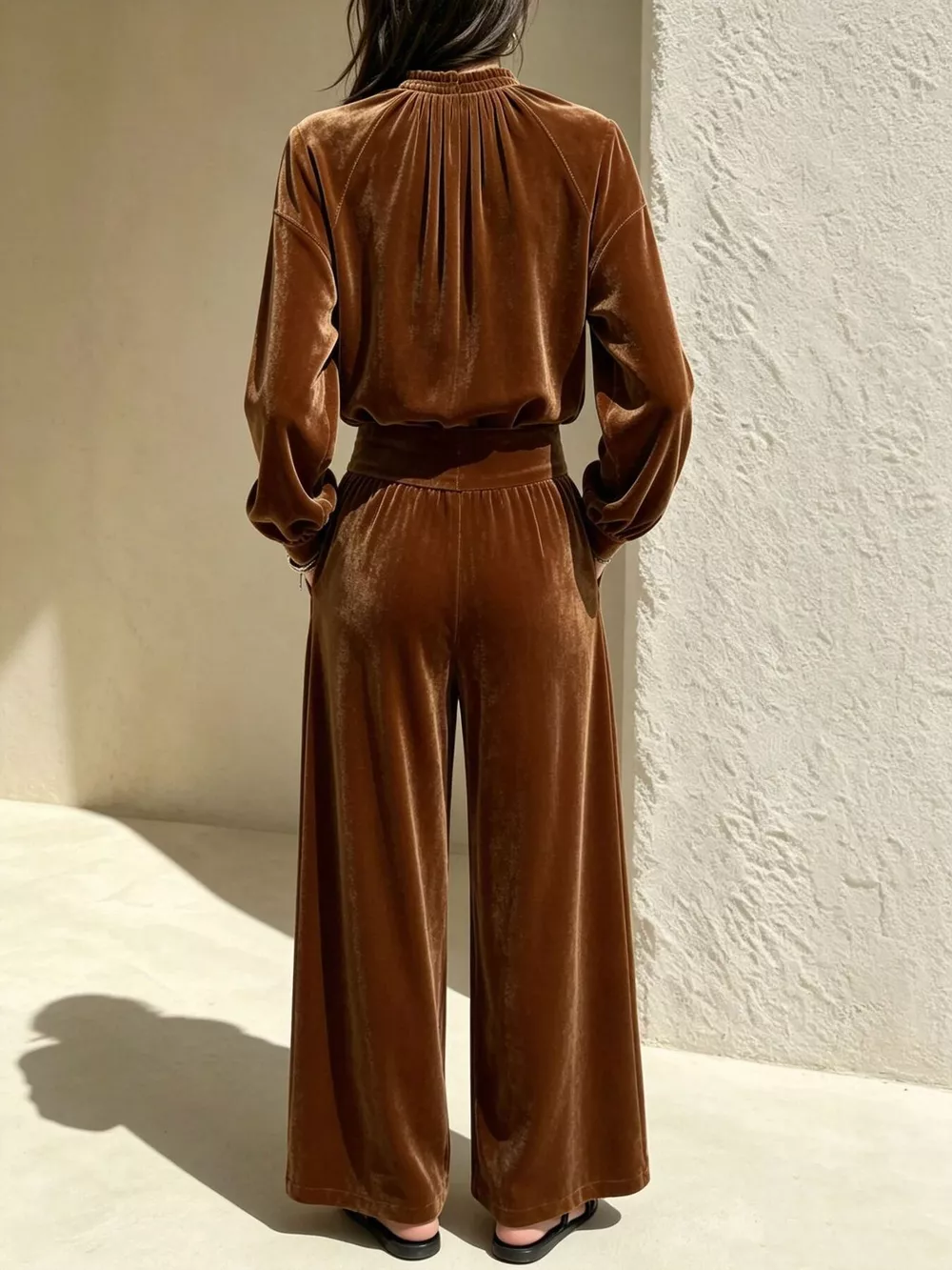 Velvet Mock Neck Long Sleeve Top and Wide-Leg Pants Set, image 8