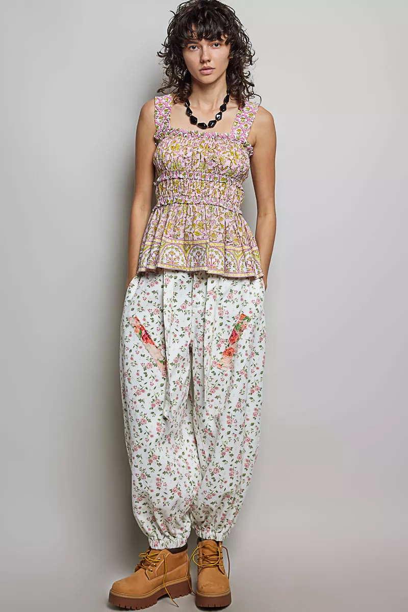 Smocked Printed Square Neck Peplum Tank with Ruffle Trim, image 5