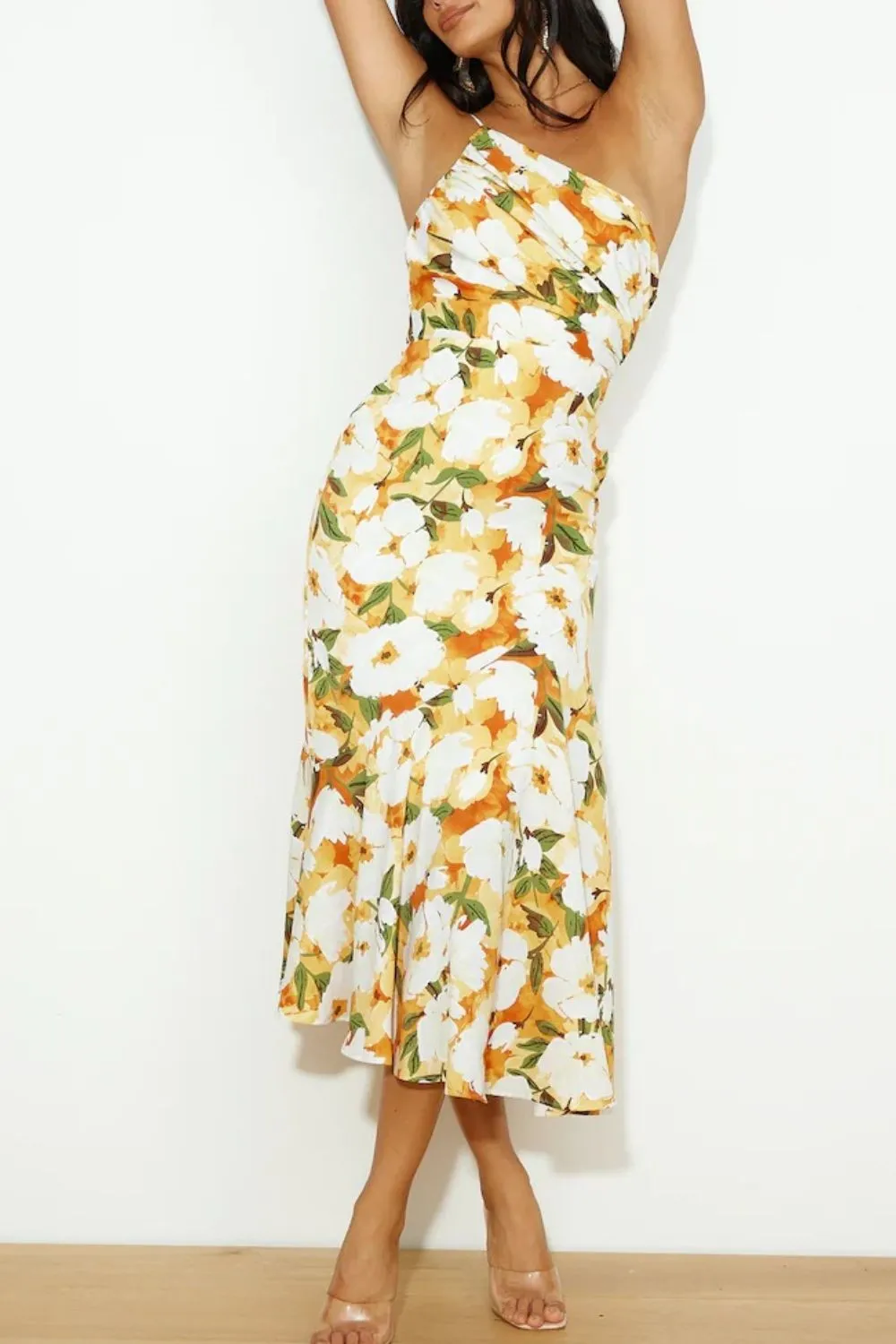 Ruched Printed Single Shoulder Midi Dress, image 2