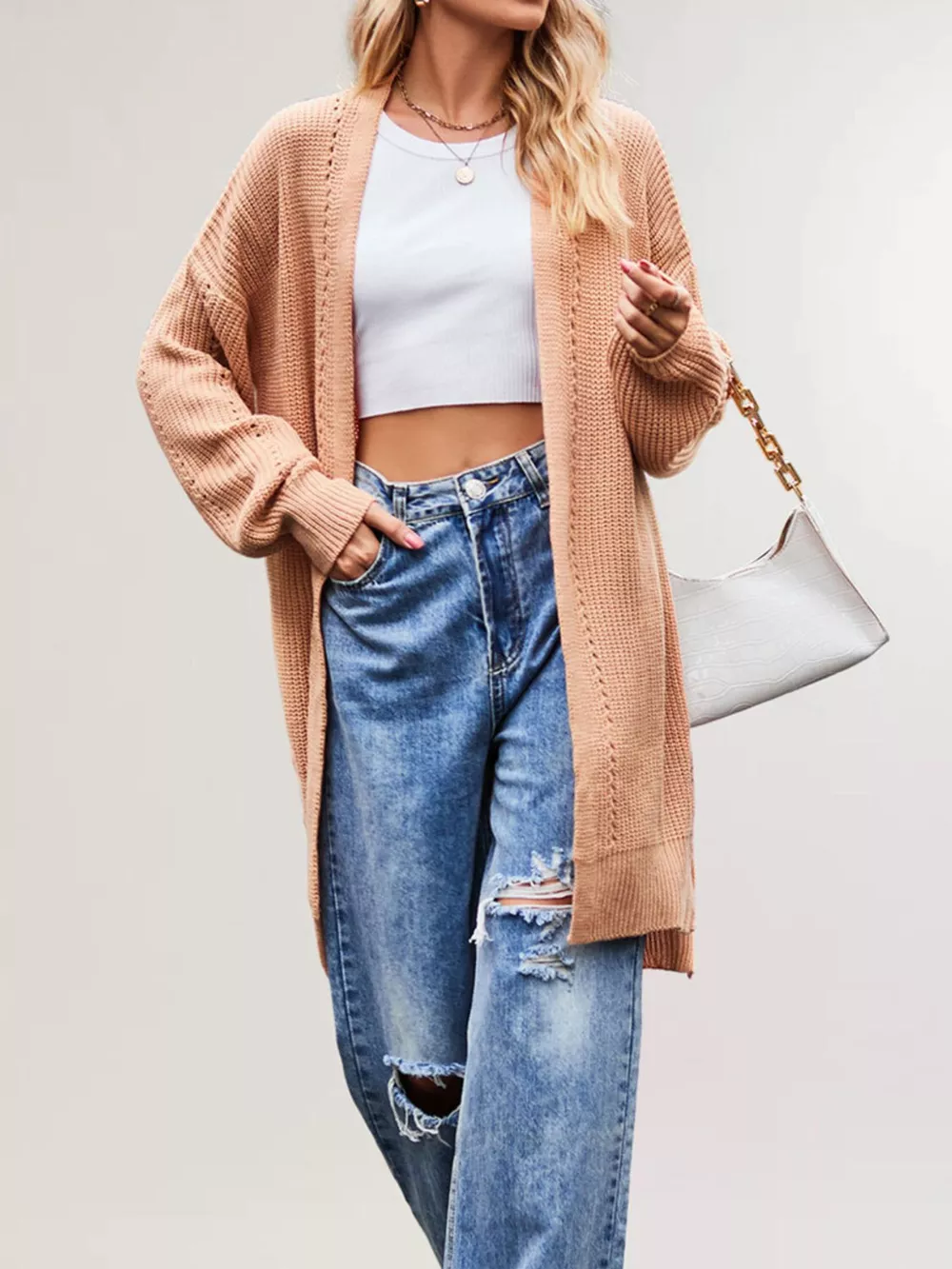 Open Front Openwork Knit Longline Cardigan, image 10