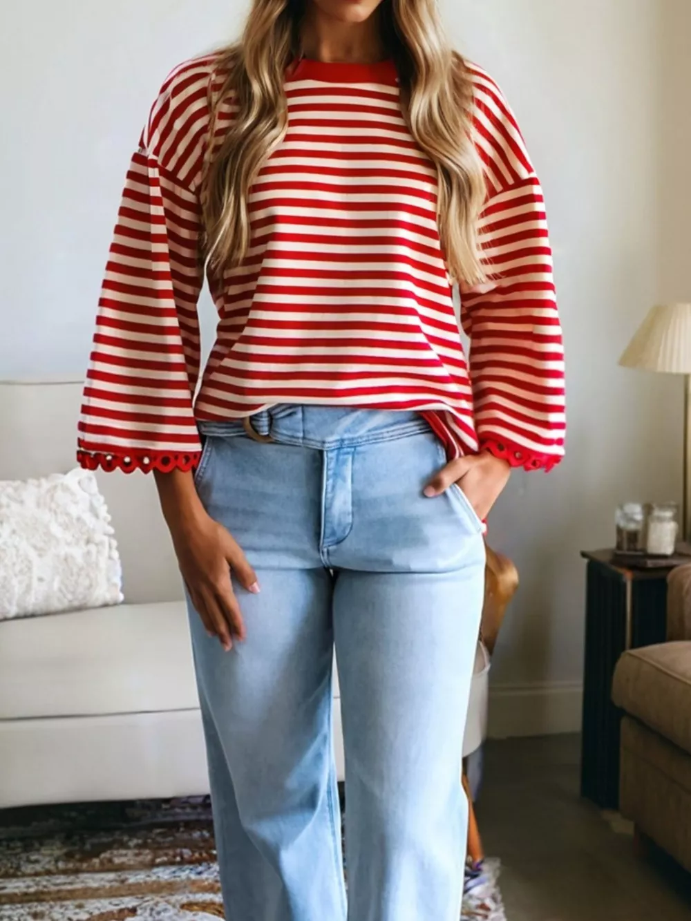 Striped Print Drop Shoulder Lace Trim Loose Top, image 2