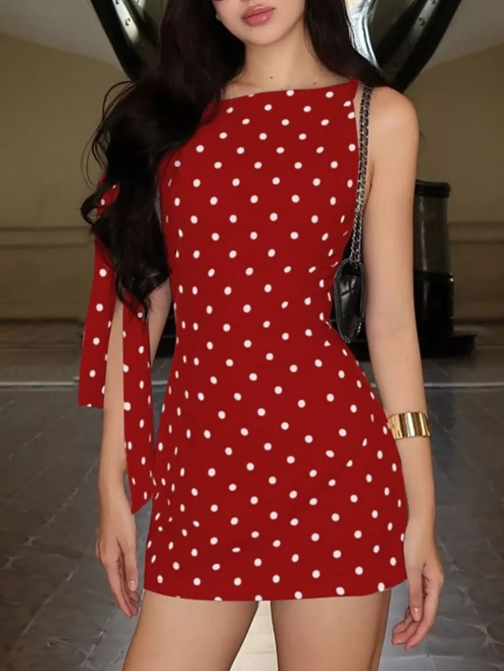 Polka Dot Sleeveless Mini Dress with Bow Accents, image 16