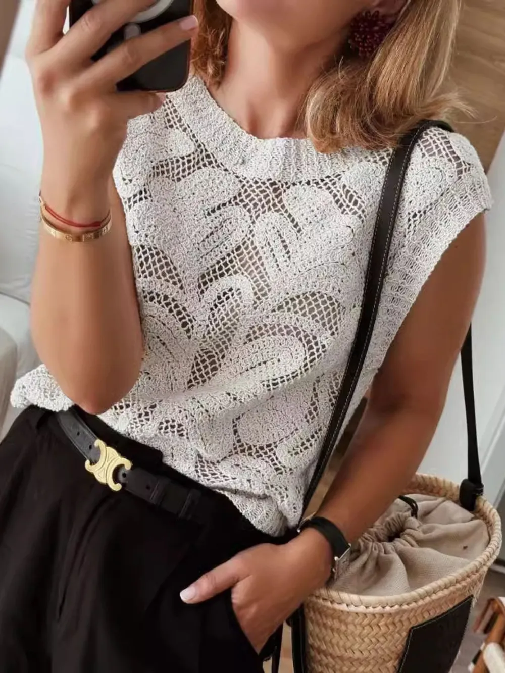 Lace Knit Sleeveless Sweater Vest