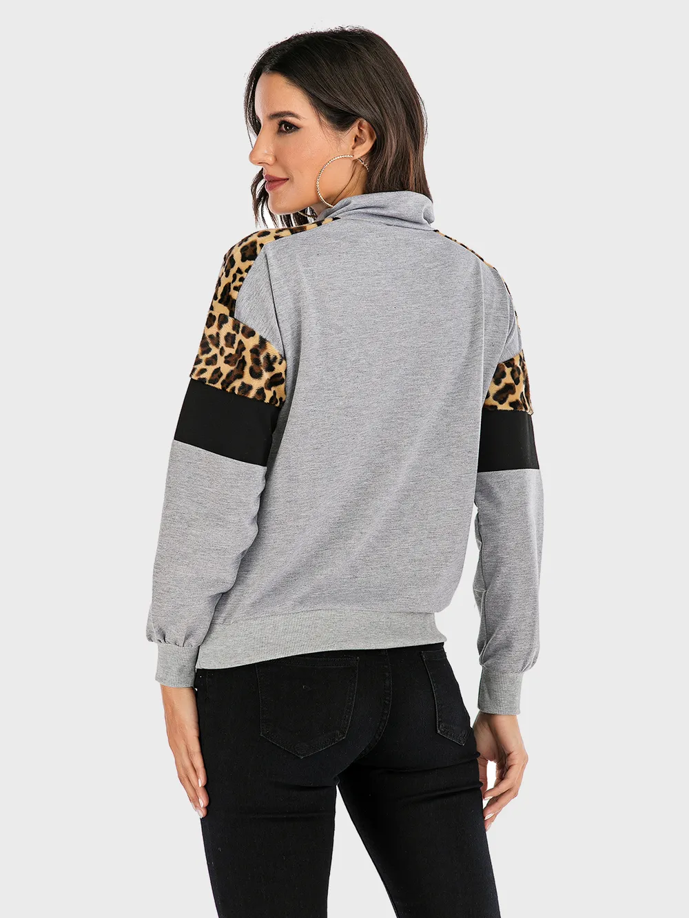 Contrast Leopard Half Zip Long Sleeve Sweatshirt, image 2