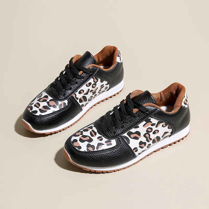 Leopard Round Toe Lace Up Sneakers