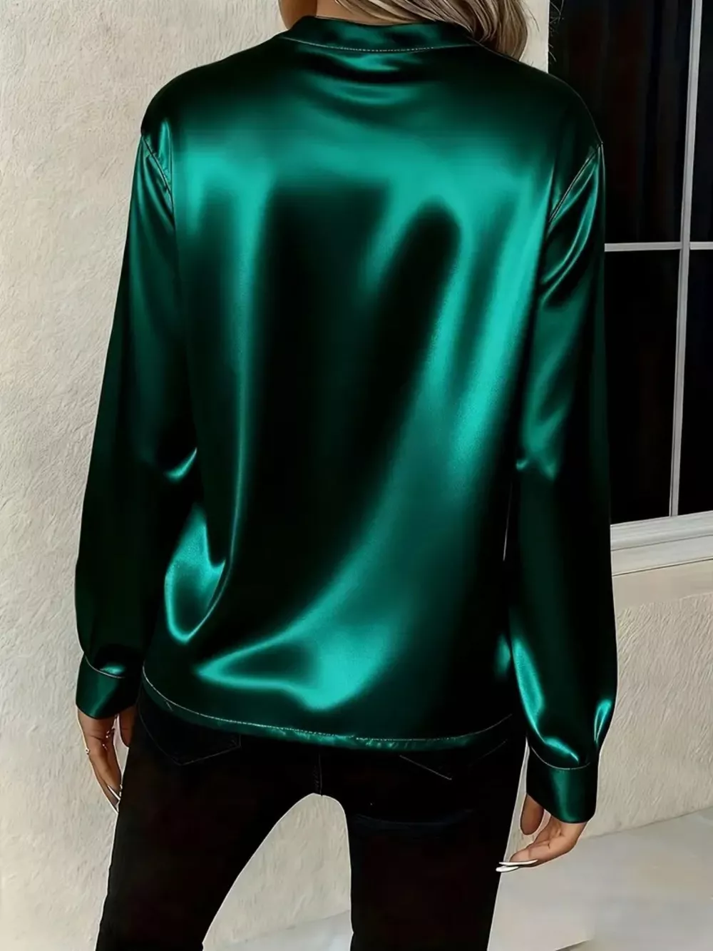 Satin Notched Long Sleeve Blouse, image 4