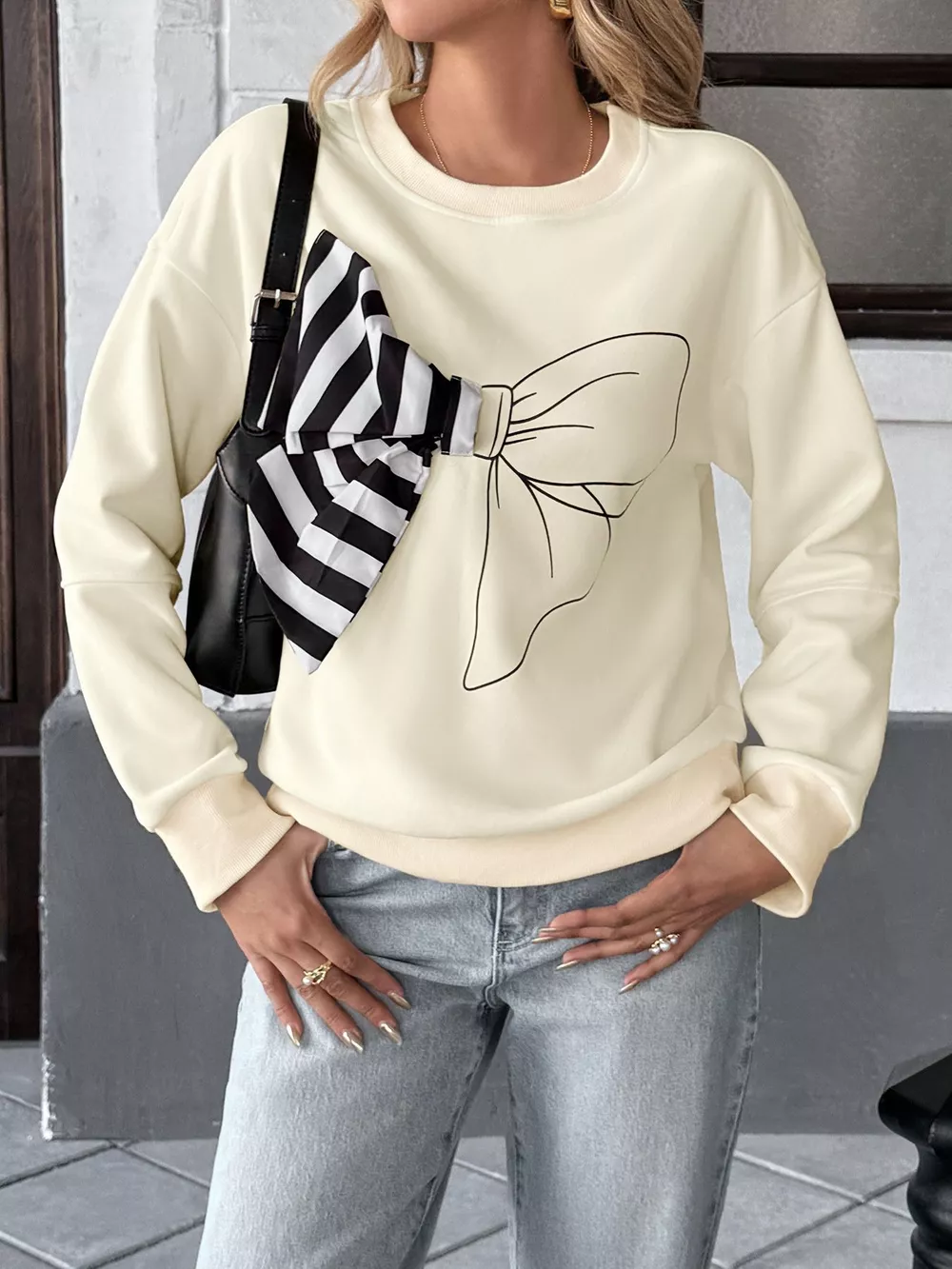 Bow Round Neck Dropped Shoulder Sweatshirt, image 4