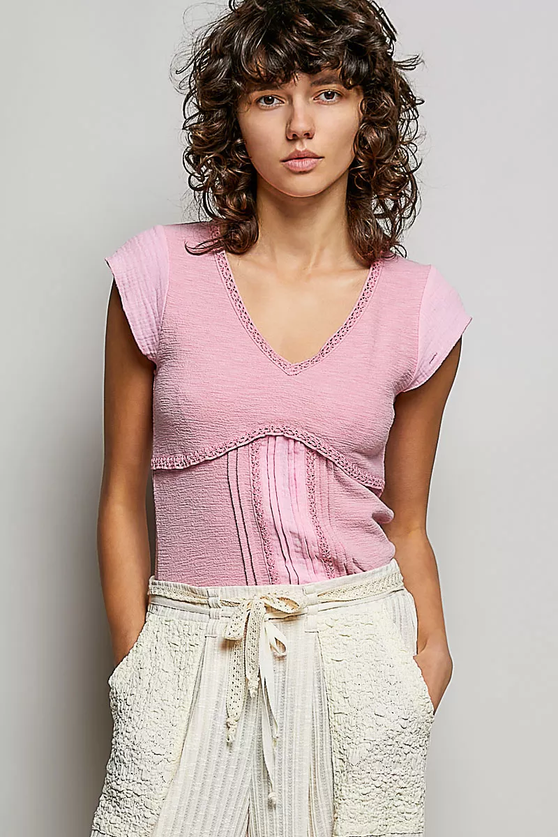 V-Neck Lightweight Textured Short Sleeve Knit Top with Lace Trim