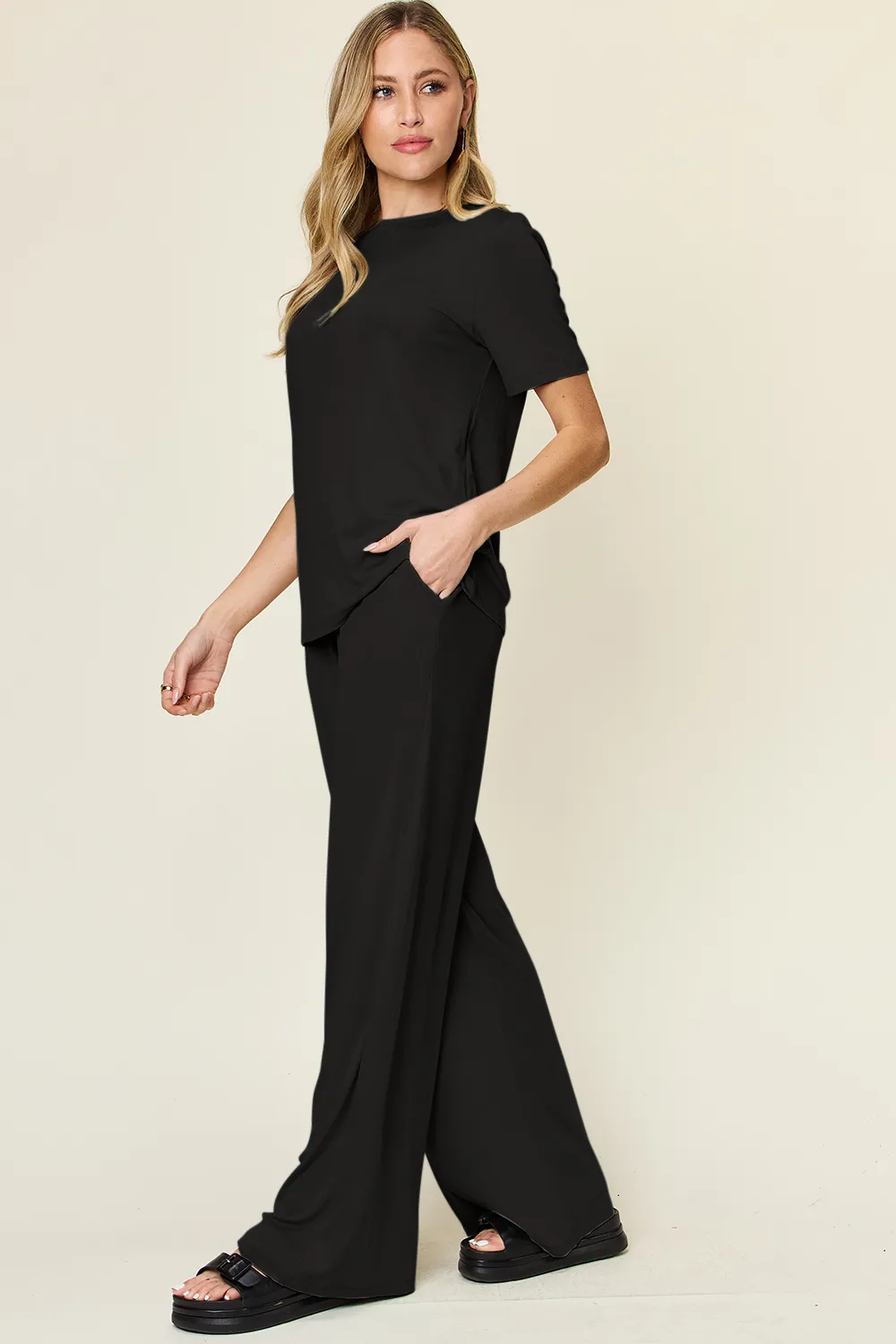 Full Size Round Neck Short Sleeve T-Shirt and Wide Leg Pants Set, image 12
