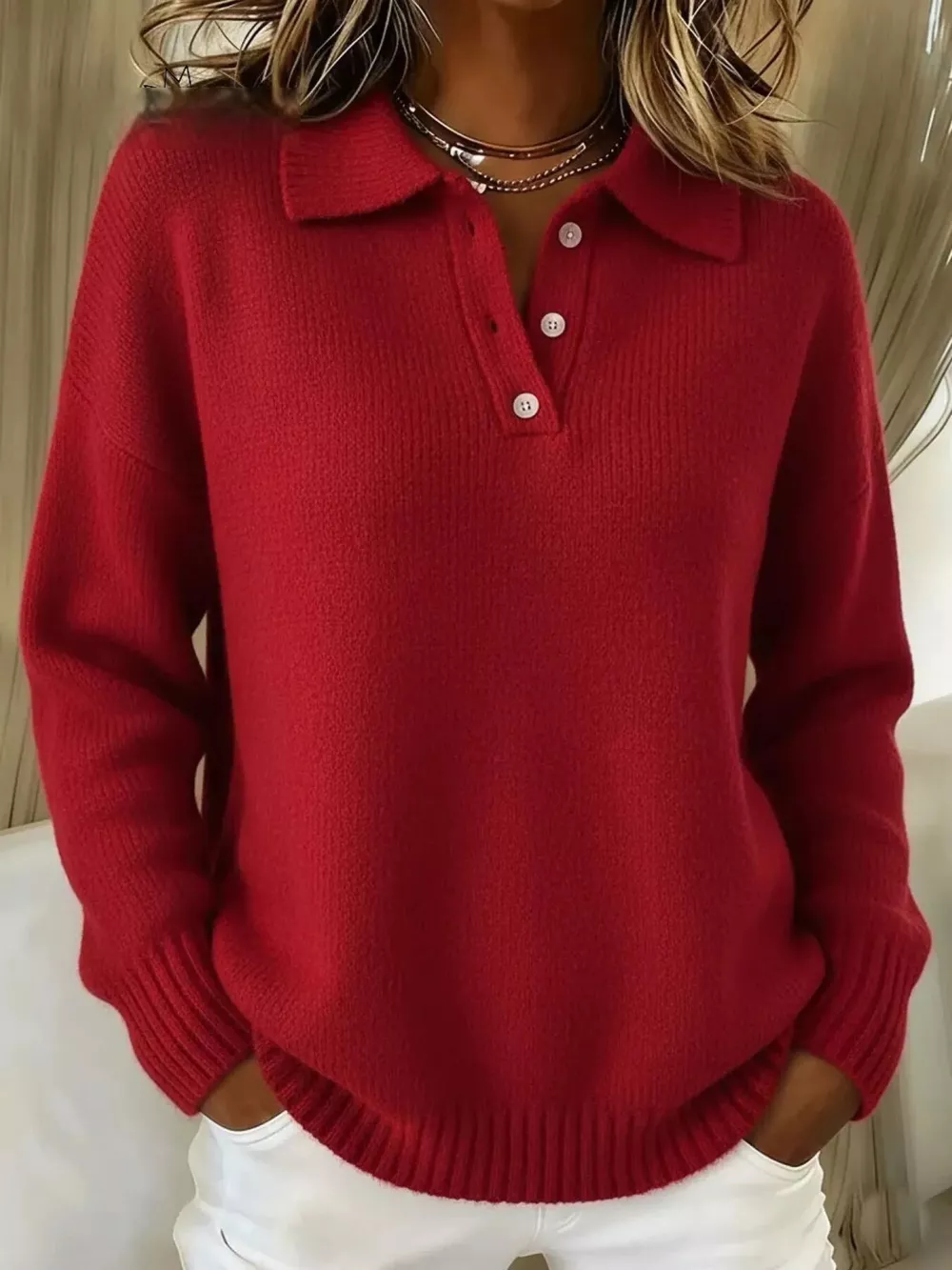 Full Size Half Button Collar Drop Shoulder Sweater Plus Size, image 8