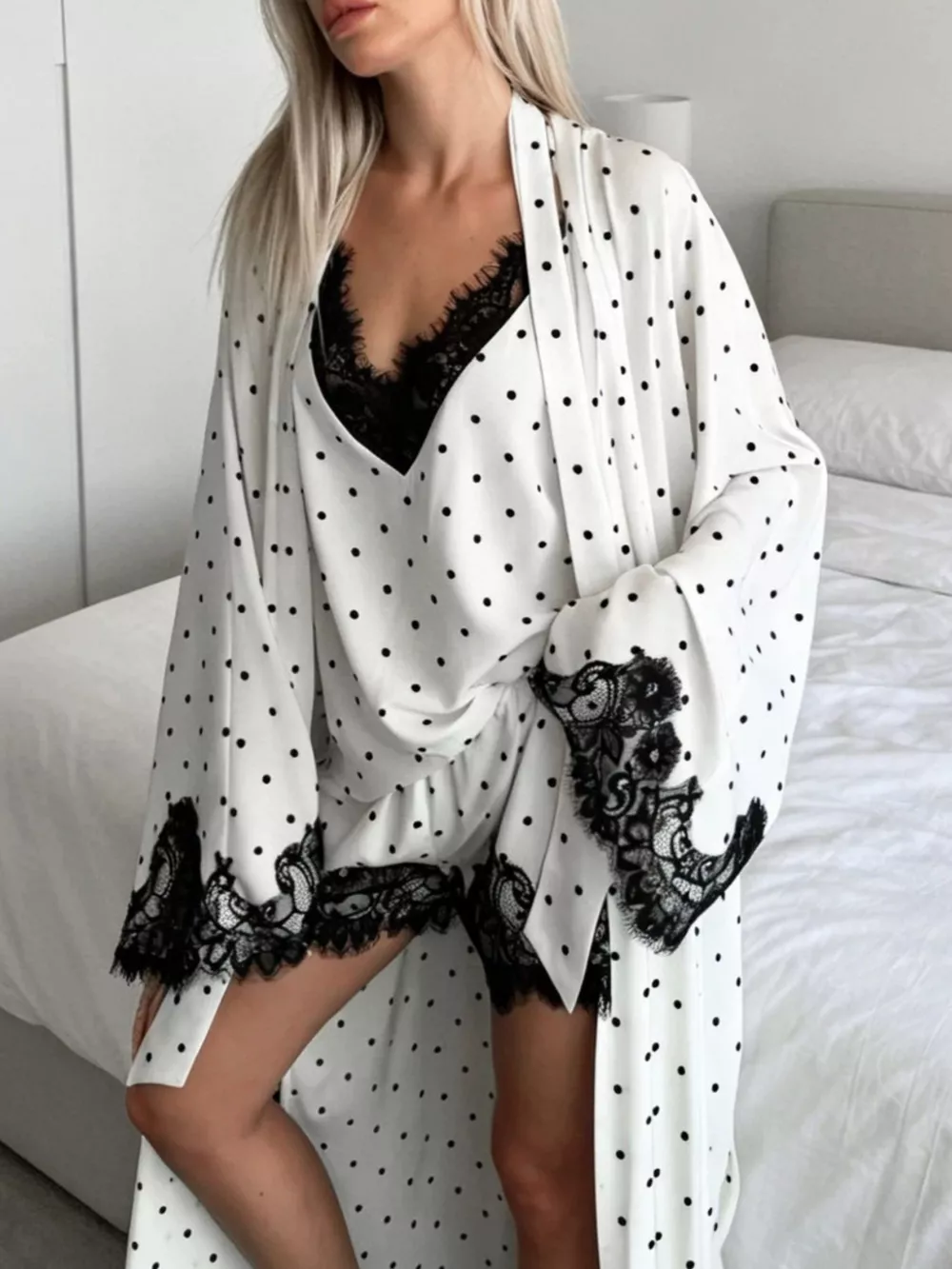 Polka Dot Lace Trim Cami & Cardigan and Shorts Set, image 2