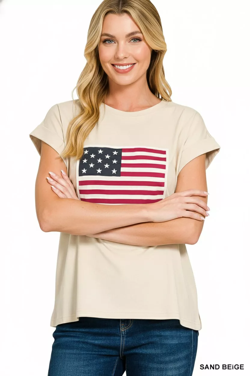 Full Size US Flag Round Neck Short Sleeve T-Shirt Plus Size, image 3
