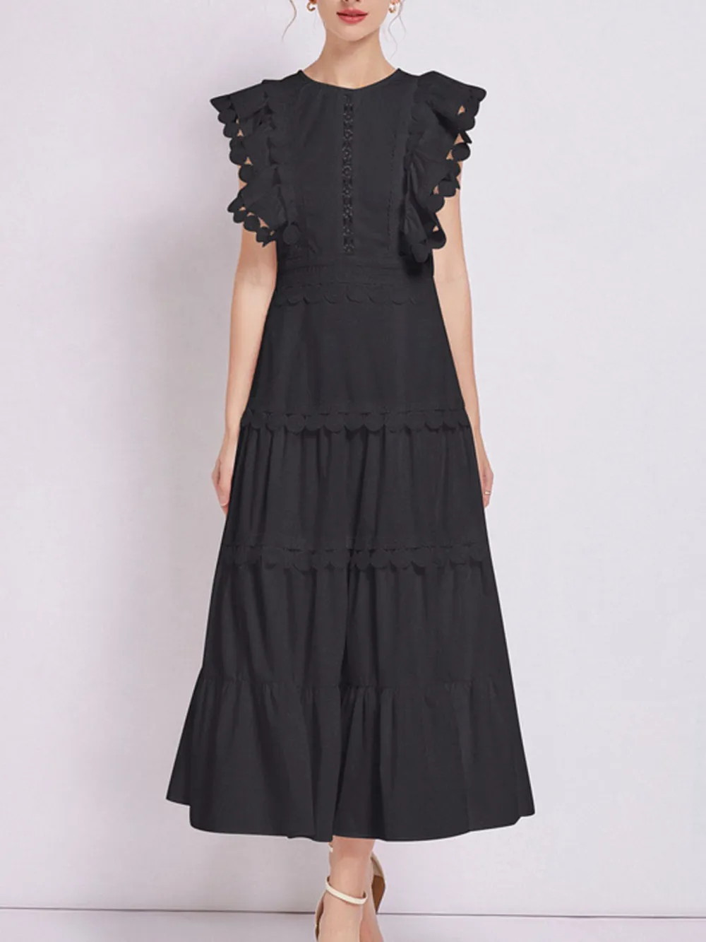 Sleeveless Ruffled Tiered Dress with Embroidered Trim, image 10