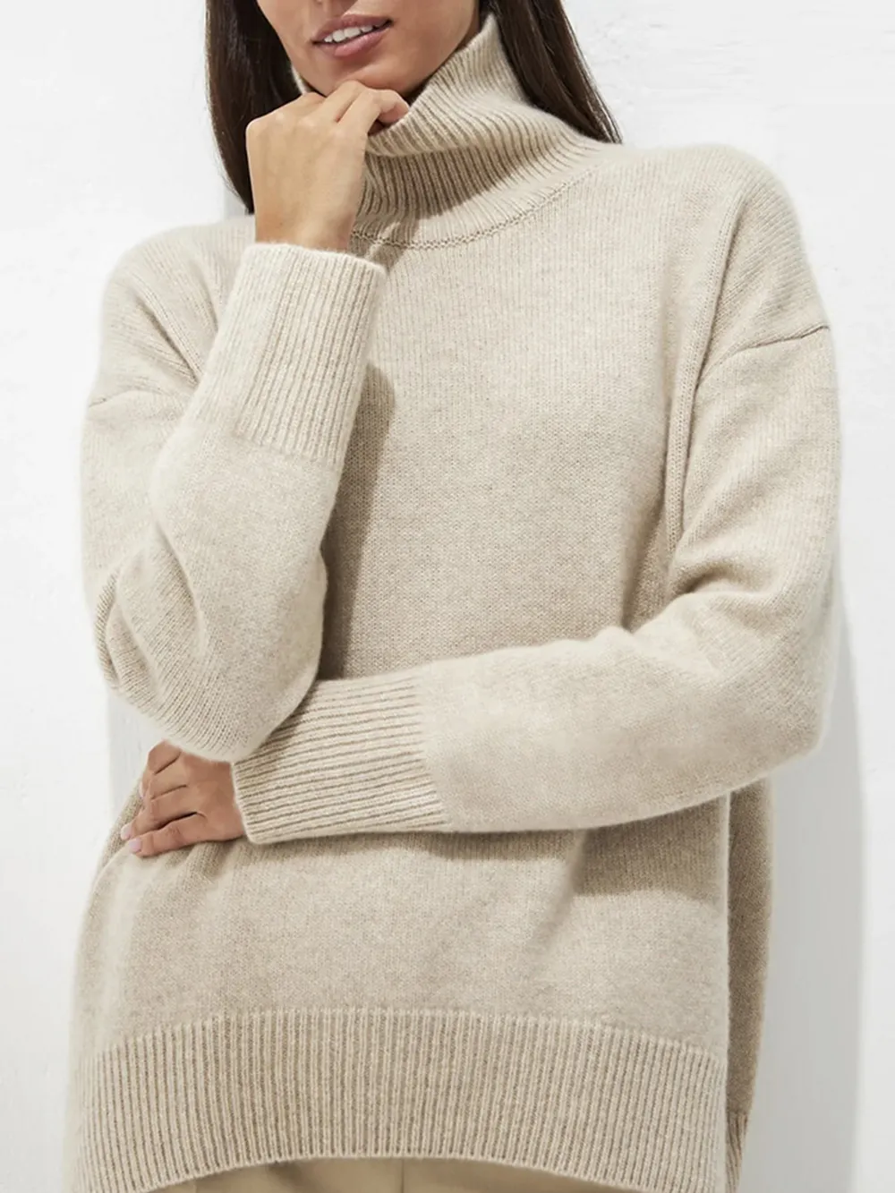 Ribbed Detail Turtleneck Dropped Shoulder Sweater, image 9