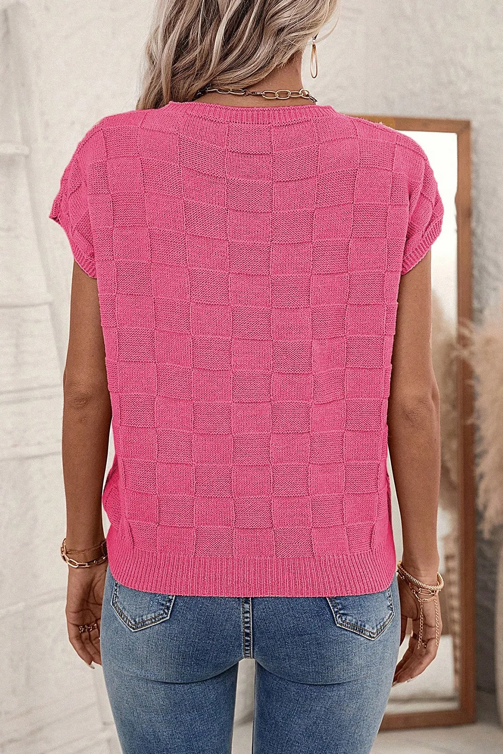 Pocketed Checkered Round Neck Knit Top, image 6