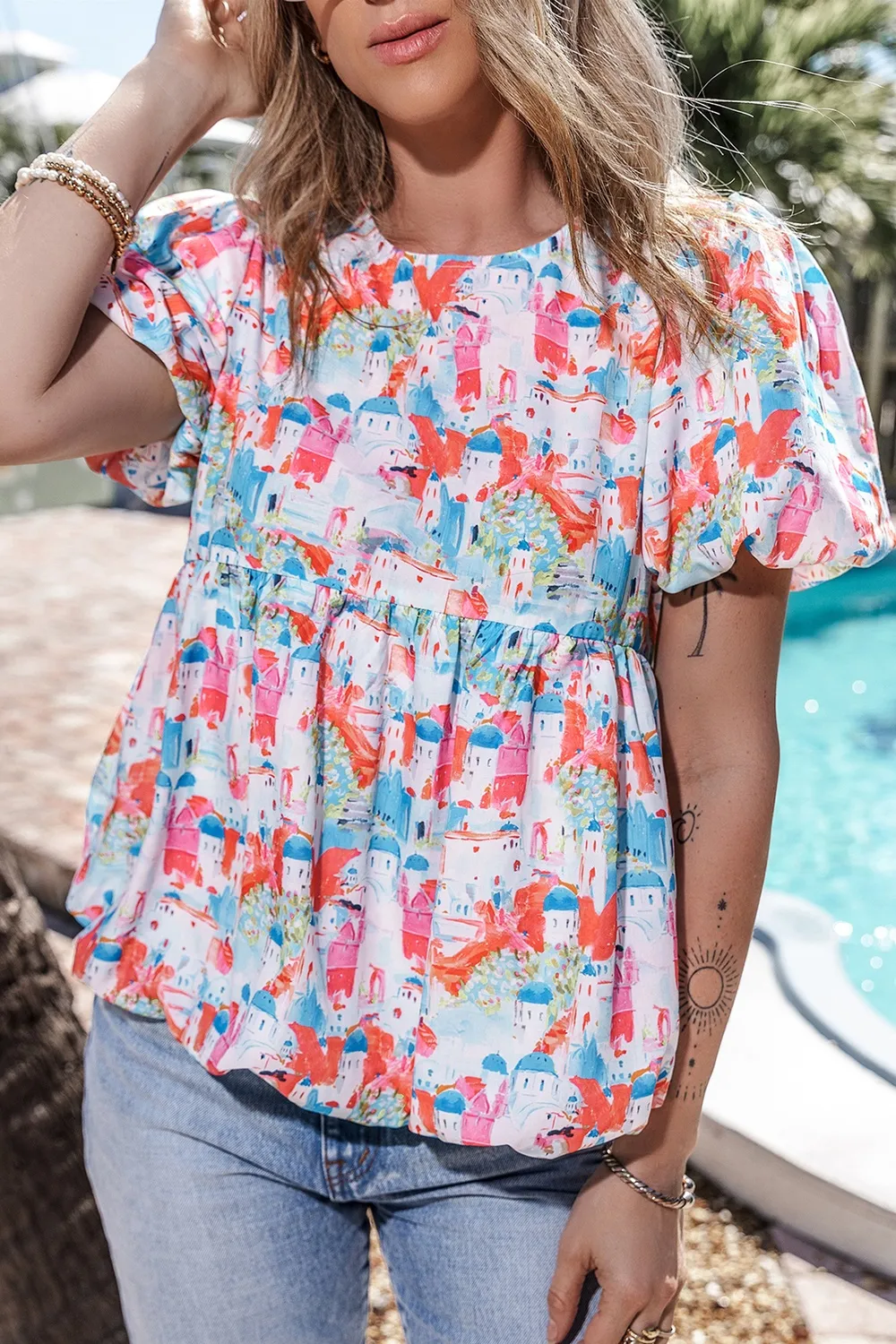 Printed Round Neck Puff Sleeve Blouse, image 5
