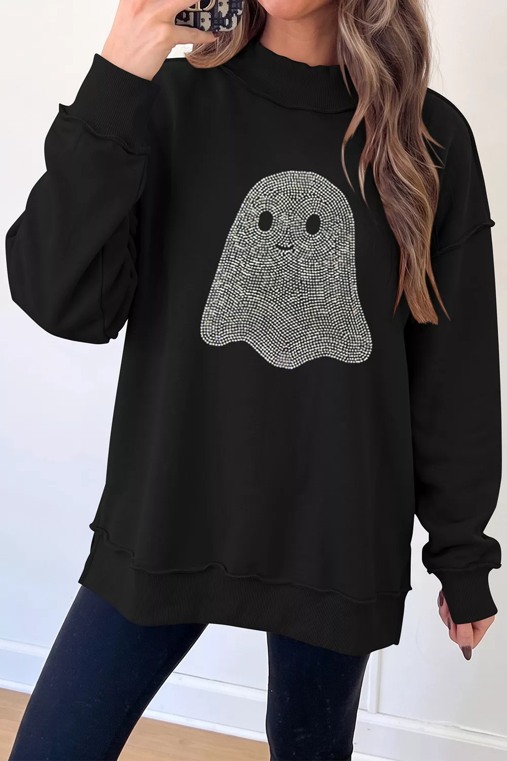 Rhinestone Ghost Exposed Seam Mock Neck Halloween Sweatshirt, image 4