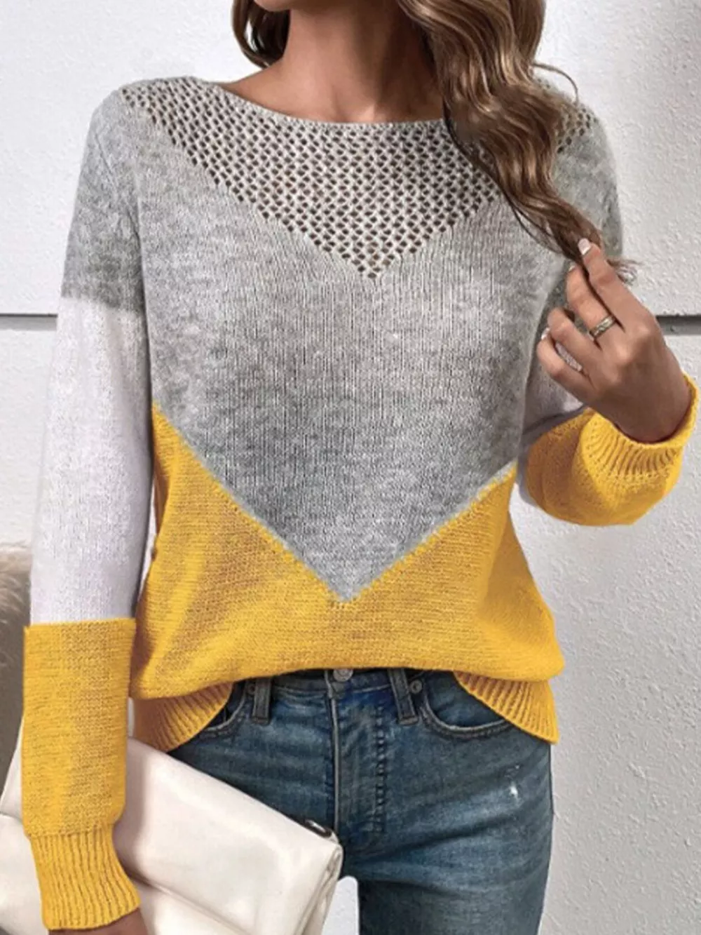 Openwork Color Block Long Sleeve Sweater, image 10