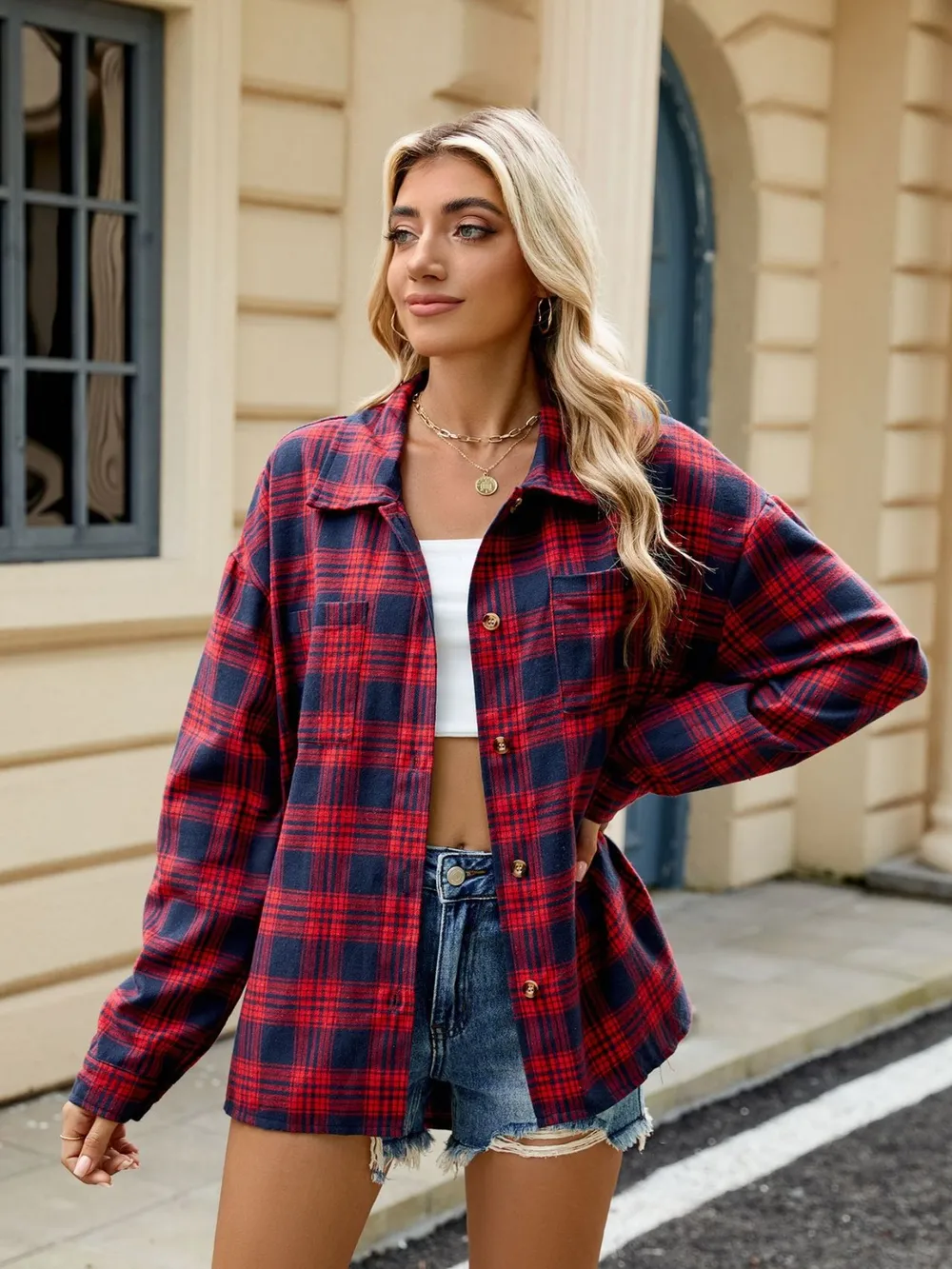 Plaid Collared Neck Long Sleeve Shirt, image 12