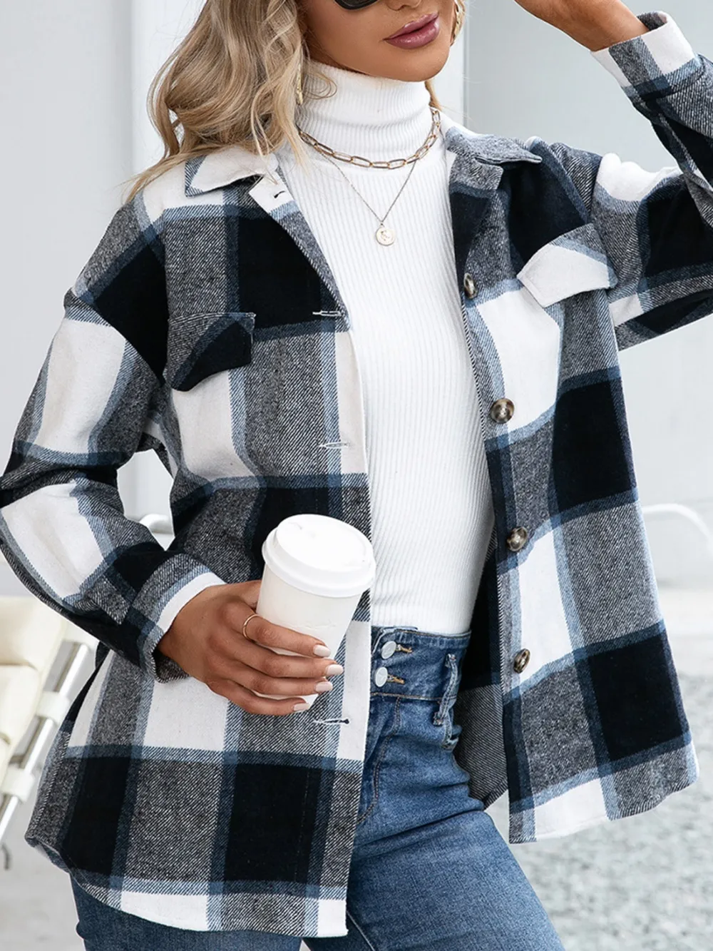 Plaid Button Up Long Sleeve Shacket, image 4