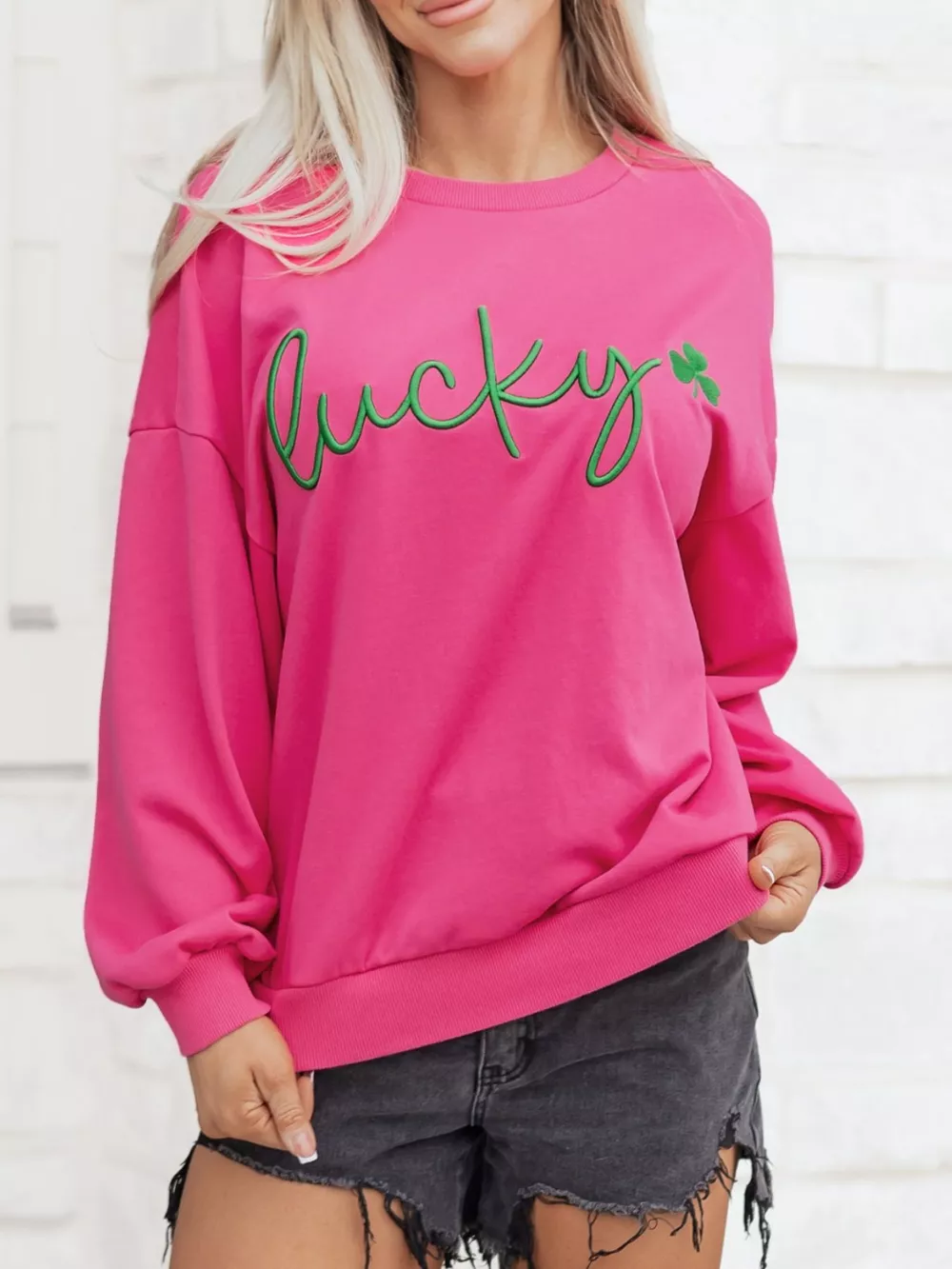 Lucky Clover Embroidered Loose Pullover Sweatshirt, image 6