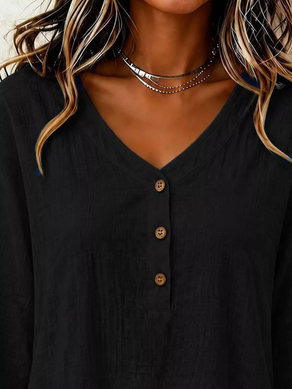 V-Neck Long Sleeve Button Detail Ruffled Hem Blouse, image 20