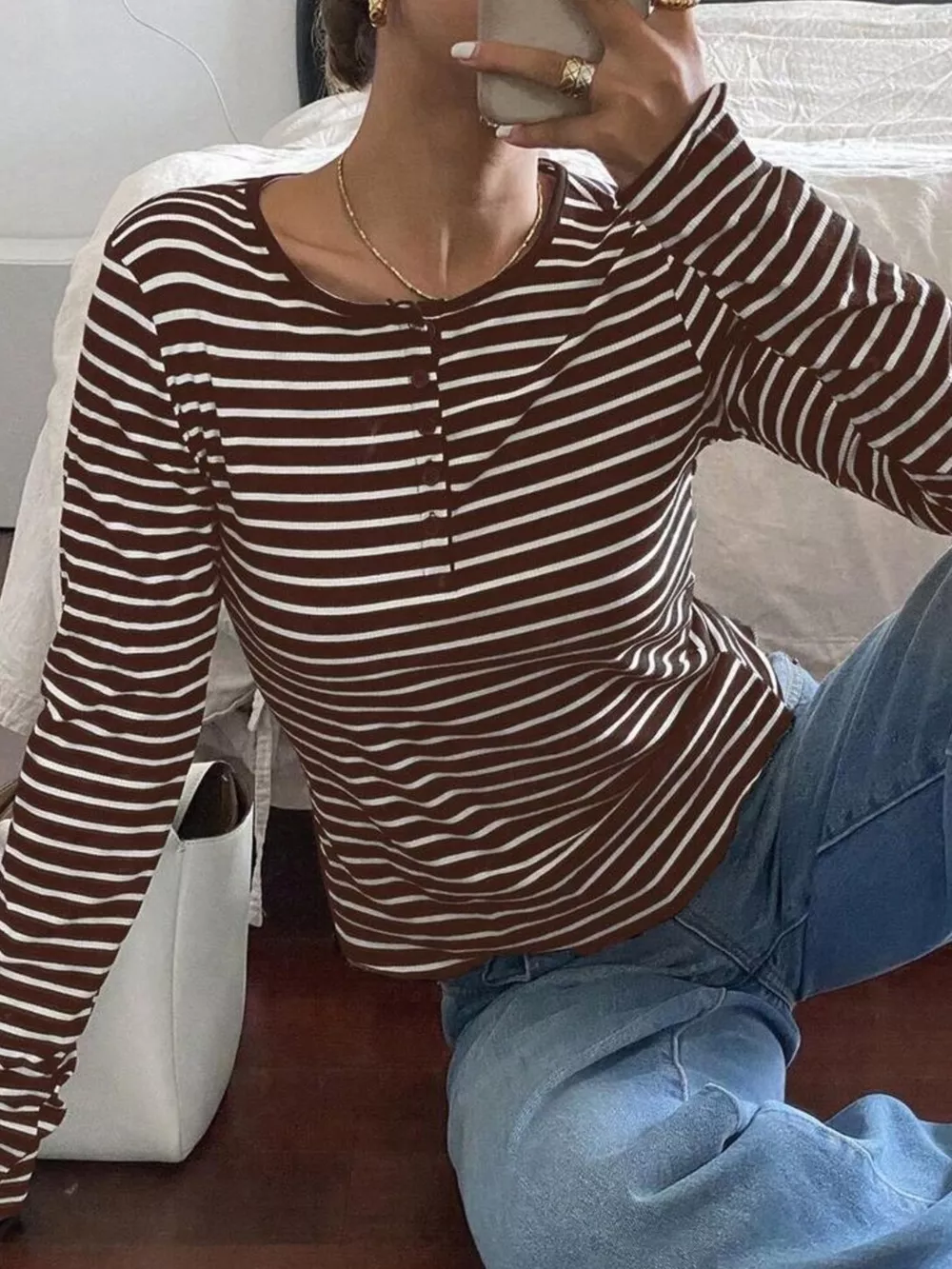 Long Sleeve Striped Henley T-Shirt, image 5
