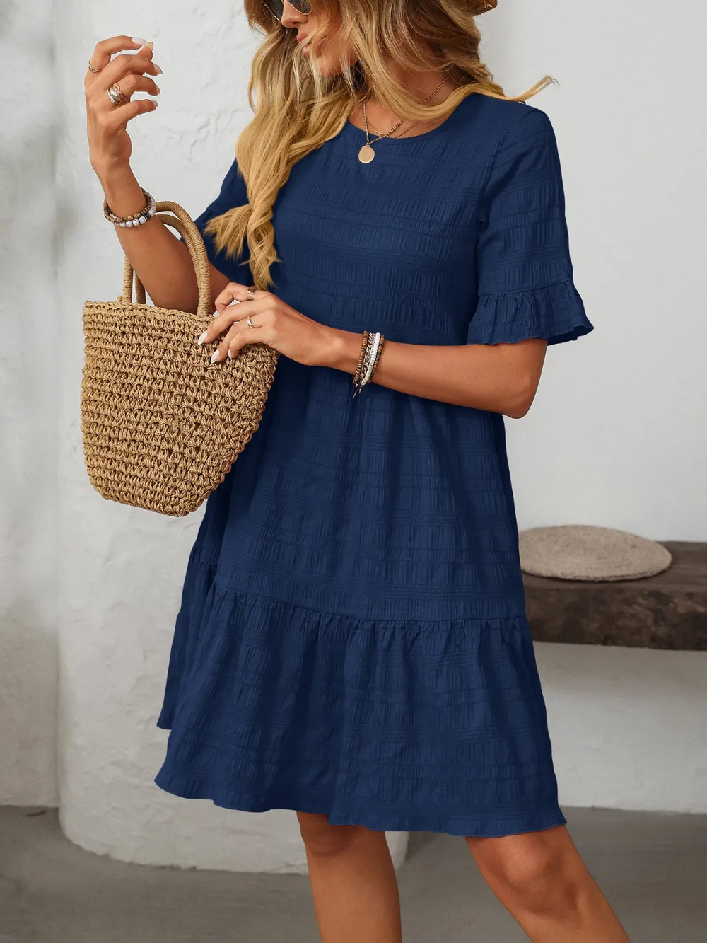 Ruffled Ruched Round Neck Half Sleeve Dress, image 15