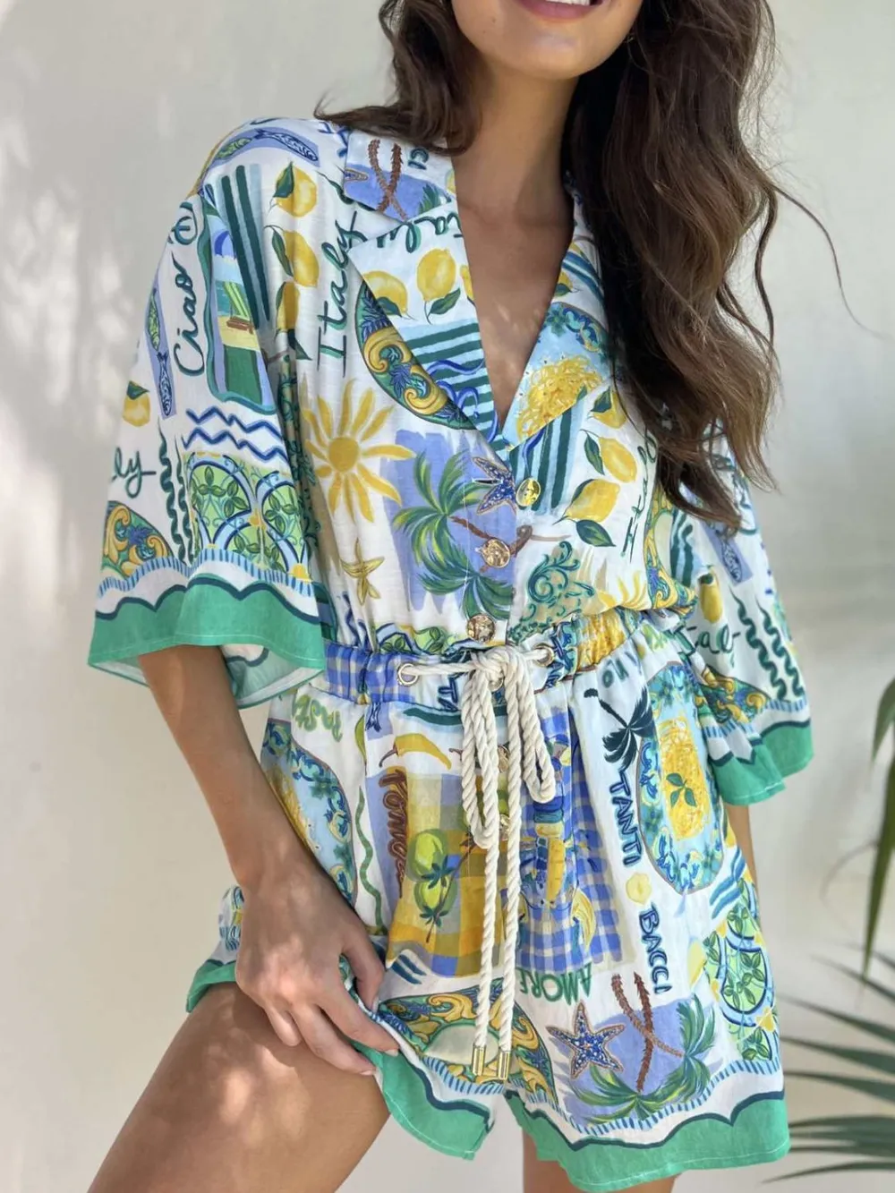 Printed Collared Neck Half Sleeve Romper