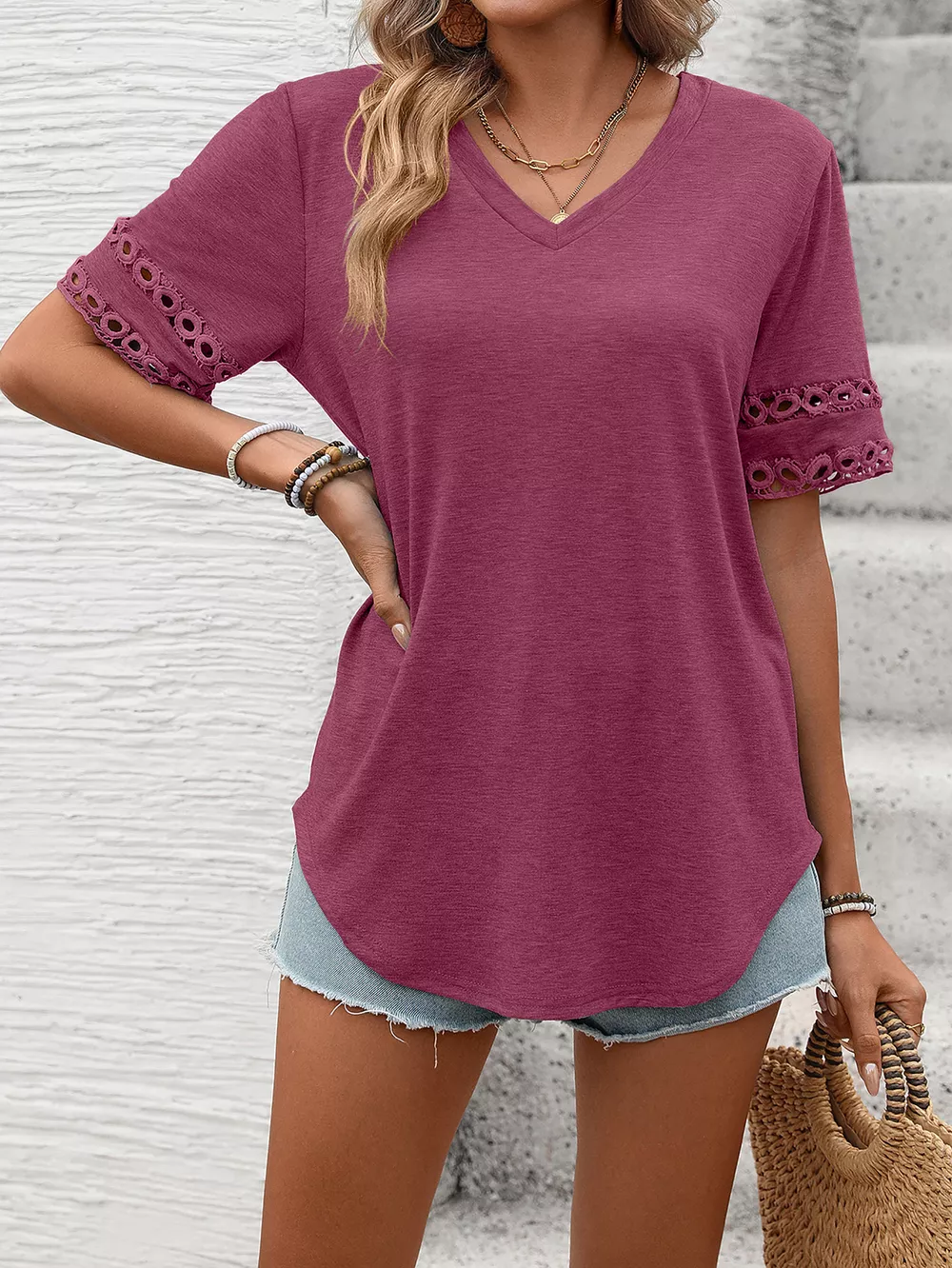 V-Neck Hollow-Out Sleeve T-Shirt, image 21