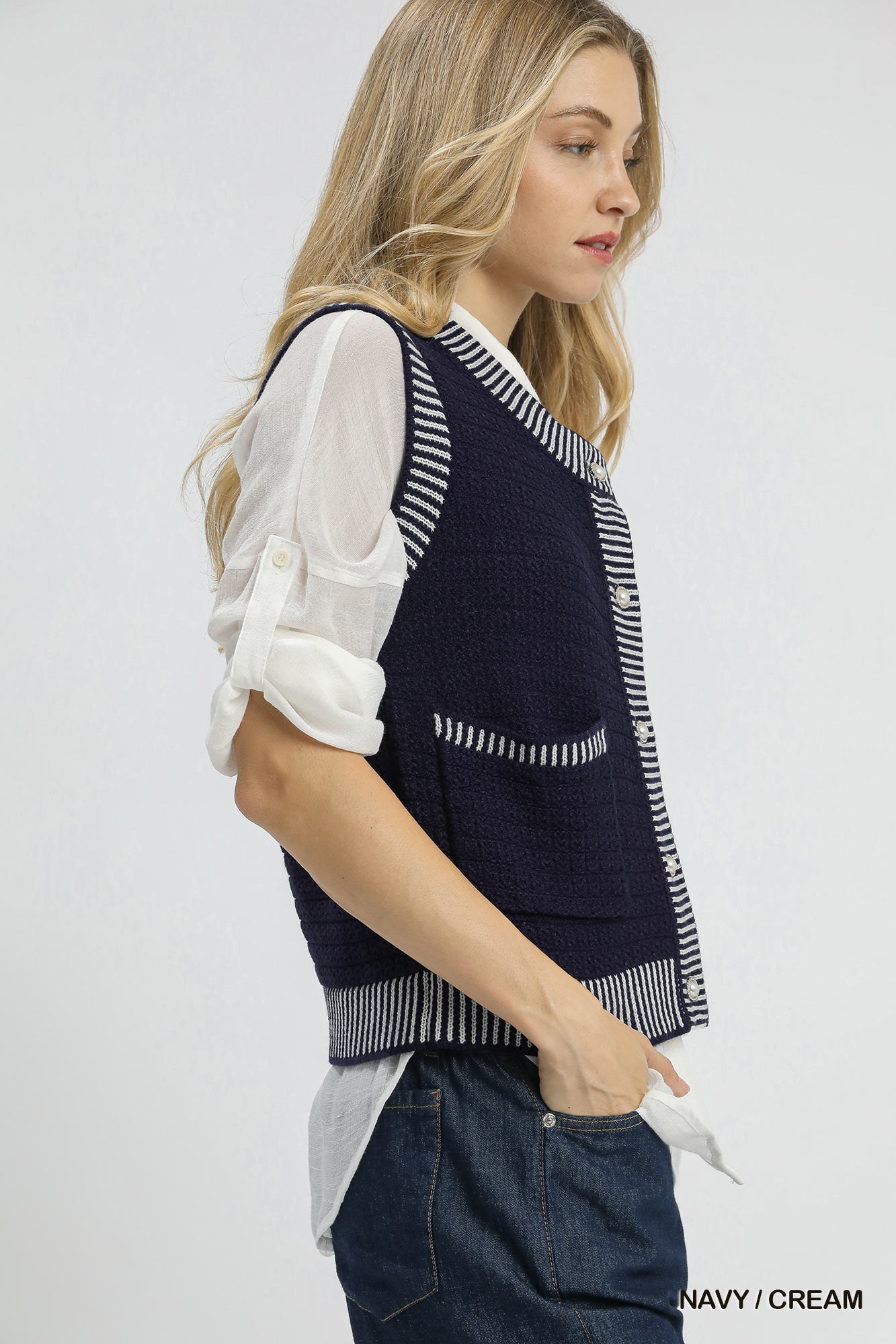 Contrast Striped Trim Button-Down Sweater Vest, image 2