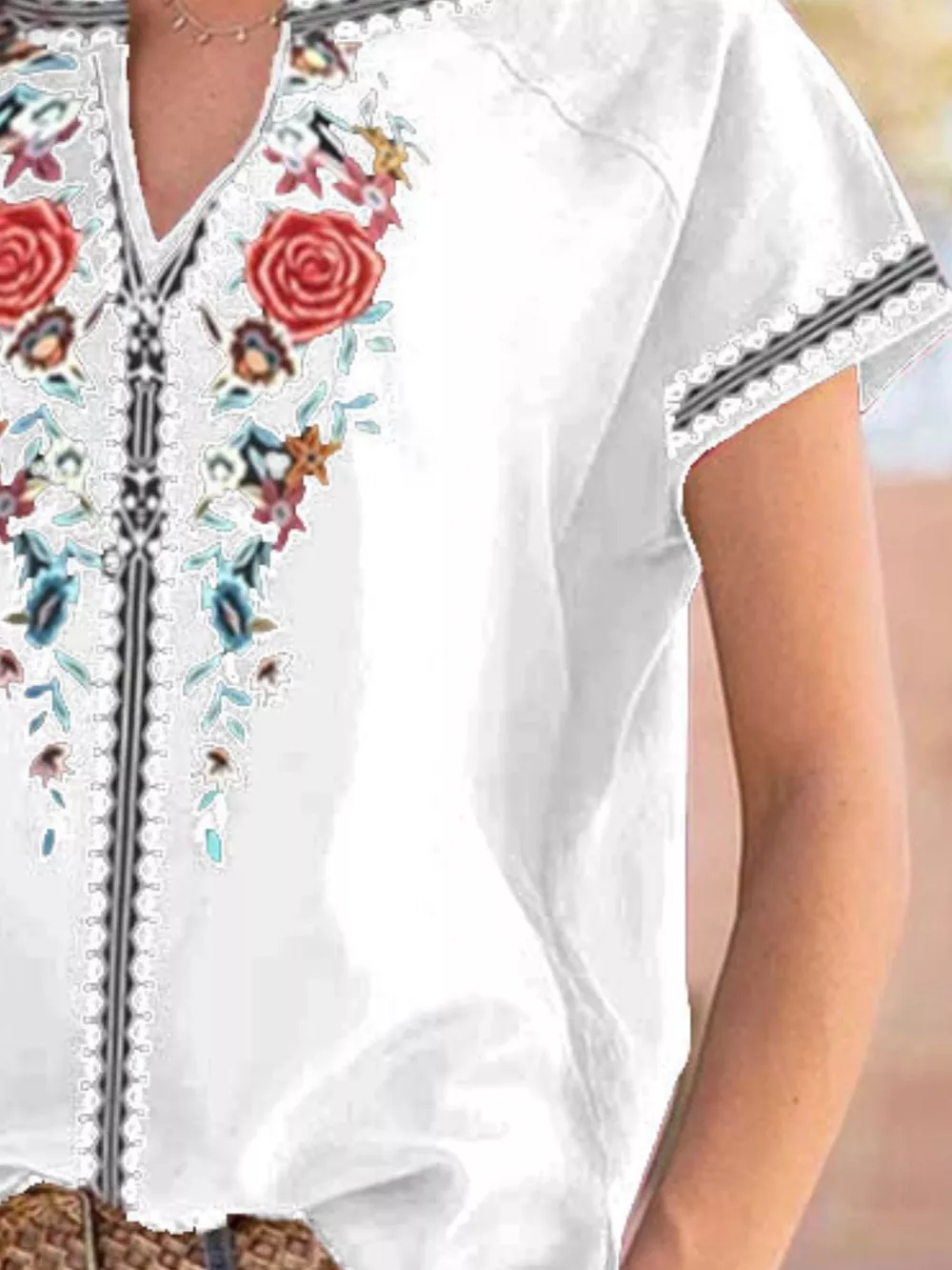 Full Size Floral Notched Short Sleeve Blouse Plus Size, image 4