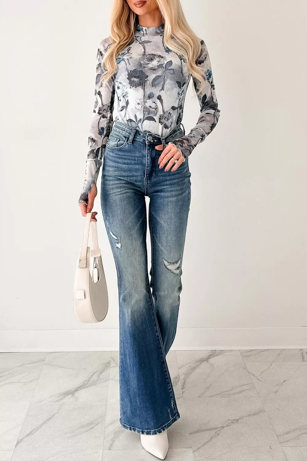Floral Mesh High Neck Long Sleeve Sheath Top, image 6