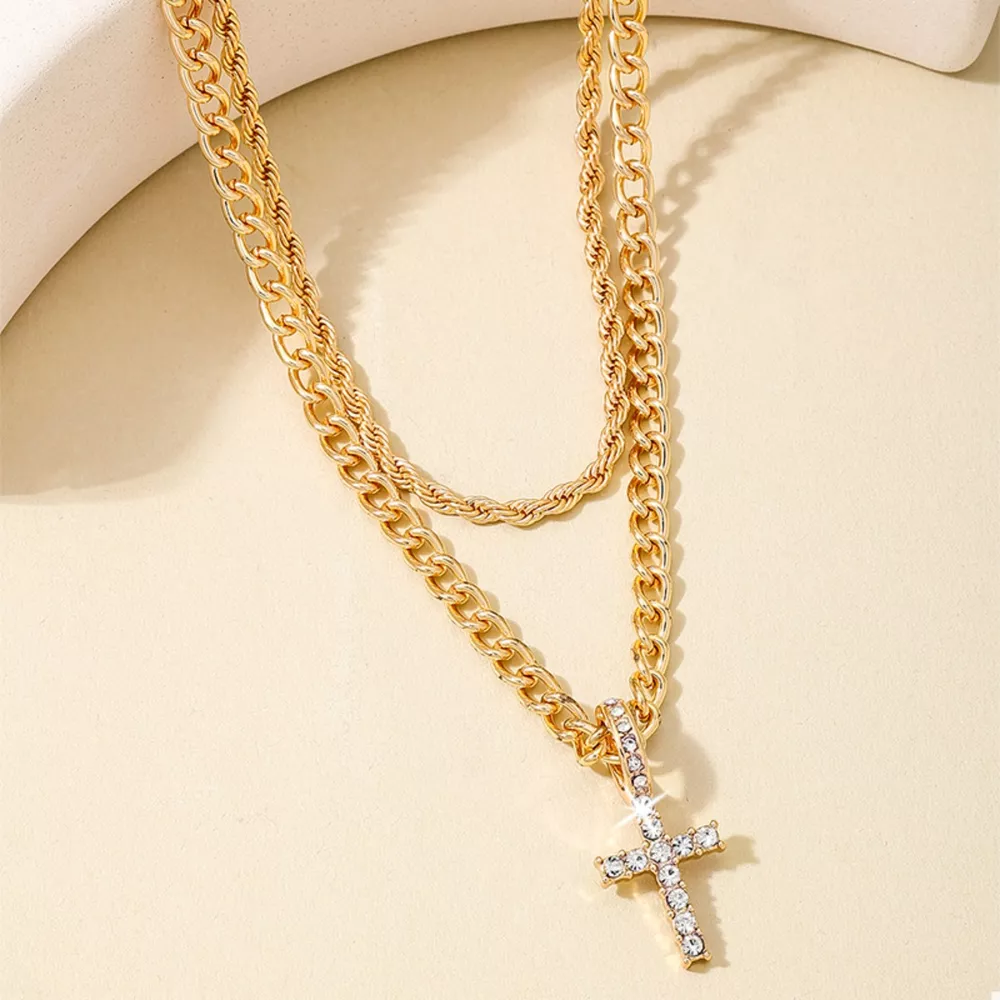 Layered Gold Chain Cross Pendant Necklace, image 4