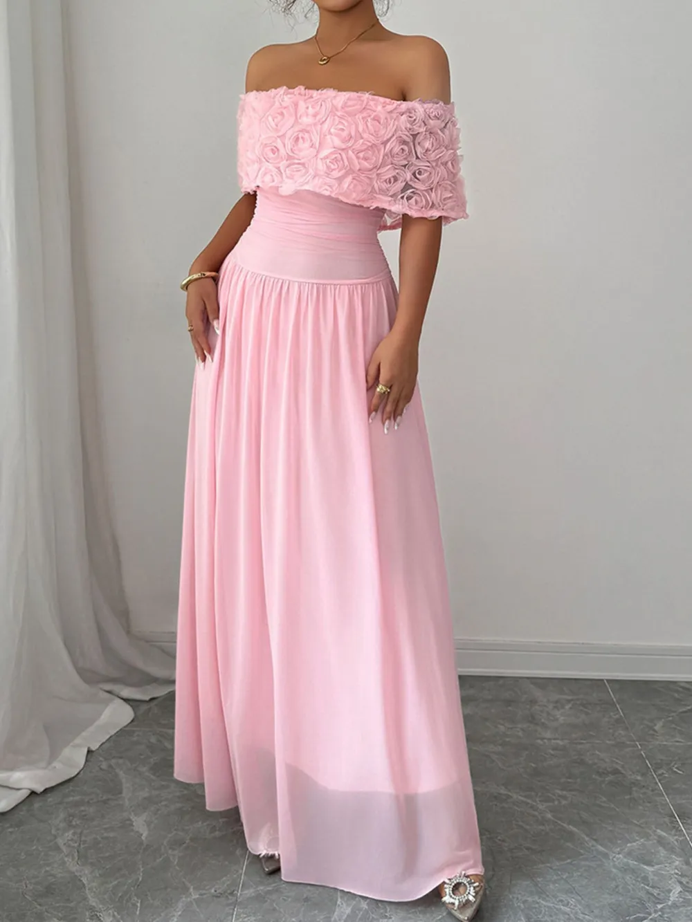 Off-Shoulder Rose Embellished Maxi Dress, image 2