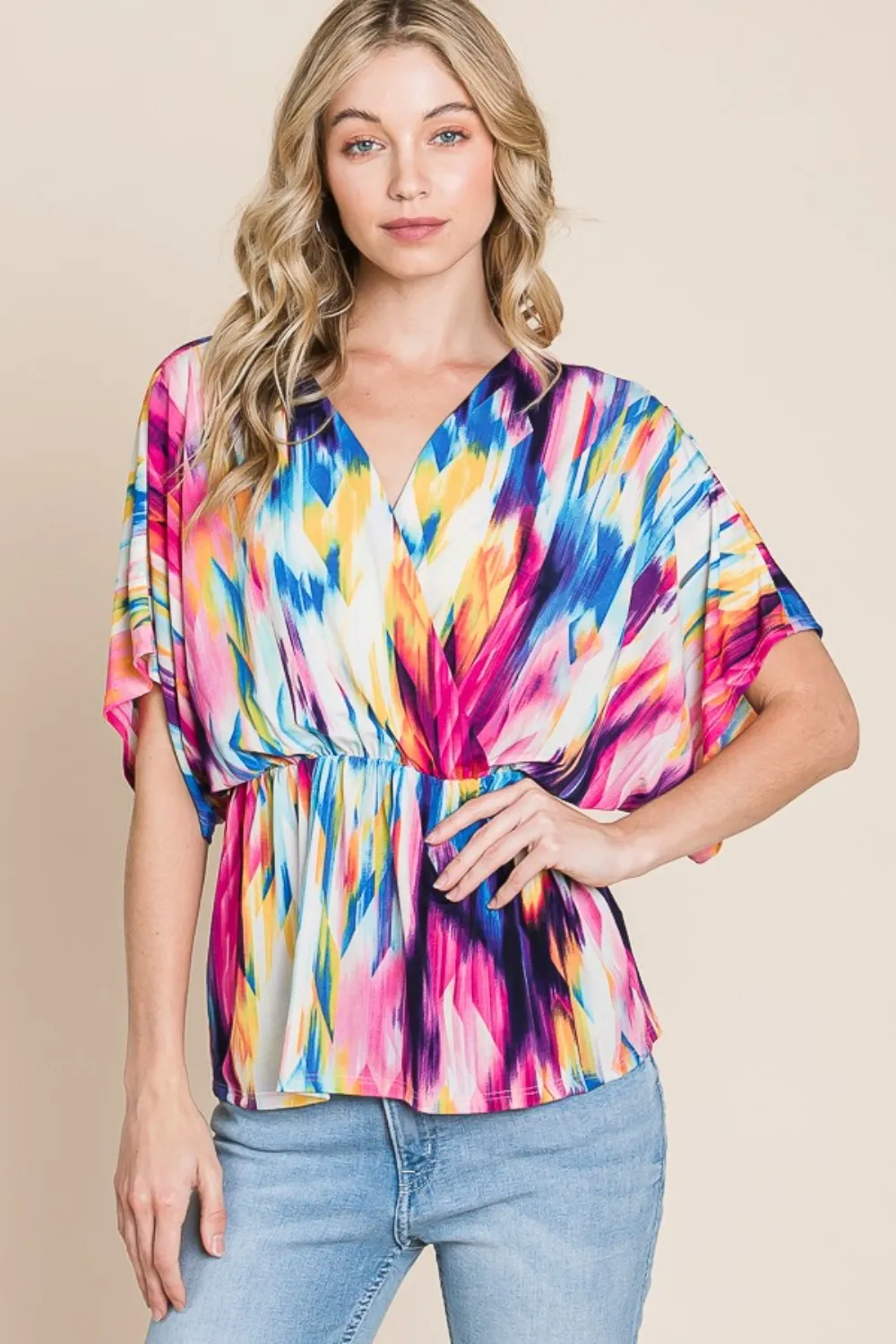 Printed Surplice Peplum Blouse, image 3